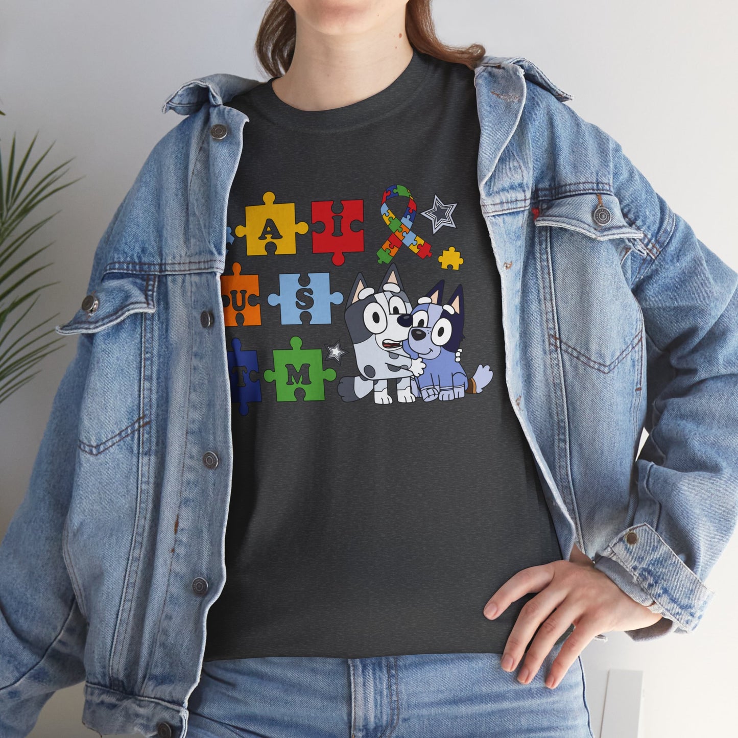 Autism Awareness Puzzle Pieces T-Shirt with Cute Husky & Ribbon