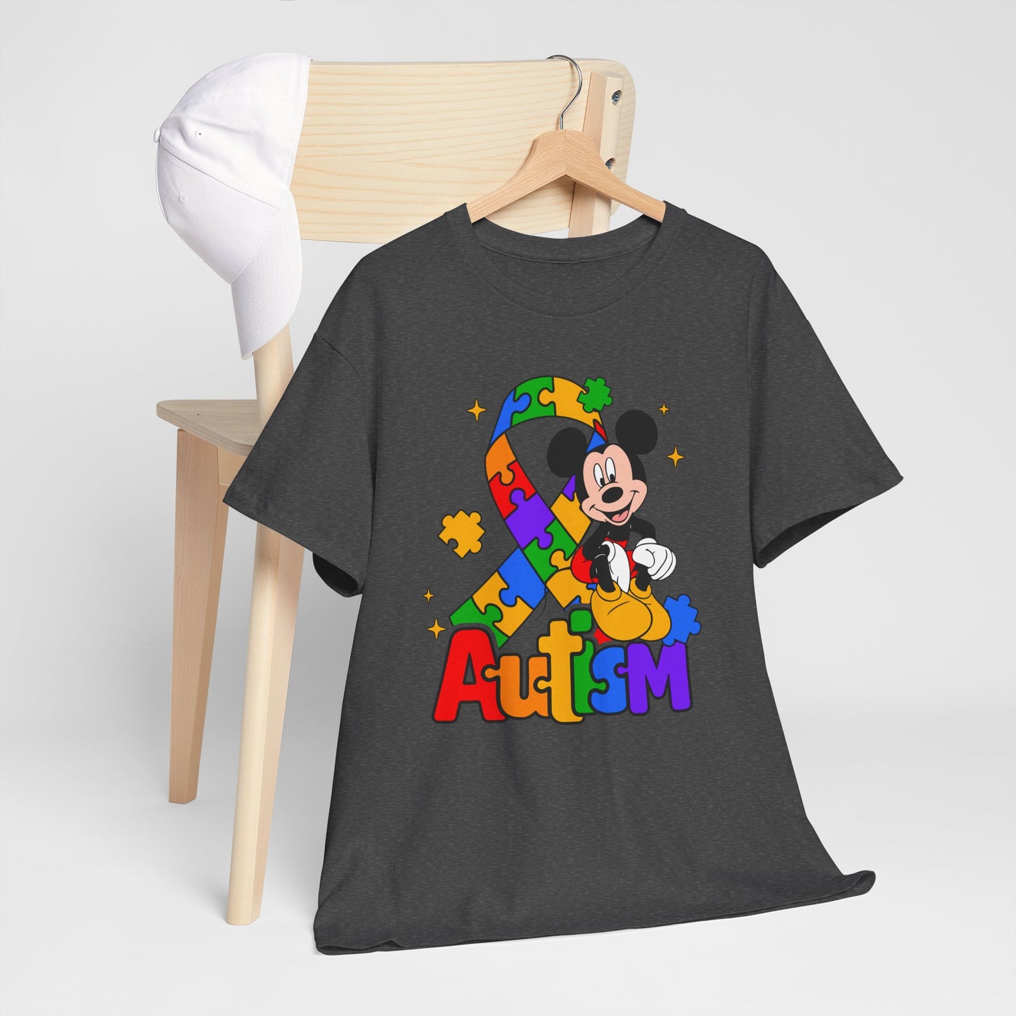 Autism Awareness Tee — Colorful Puzzle Ribbon & Cartoon Mouse Design