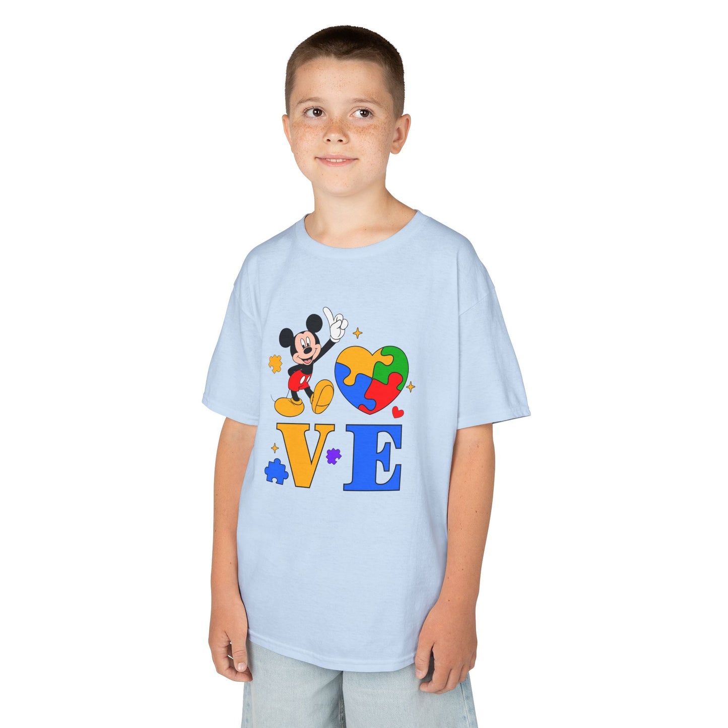 Kids Autism Awareness LOVE T‑Shirt — Puzzle Heart & Cartoon Character Design