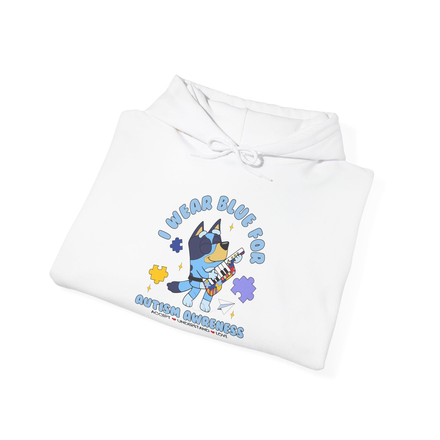 Hoodie — Cute Blue Dog “I Wear Blue for Autism” Graphic Hoodie (Cozy Pet Lover Gift)