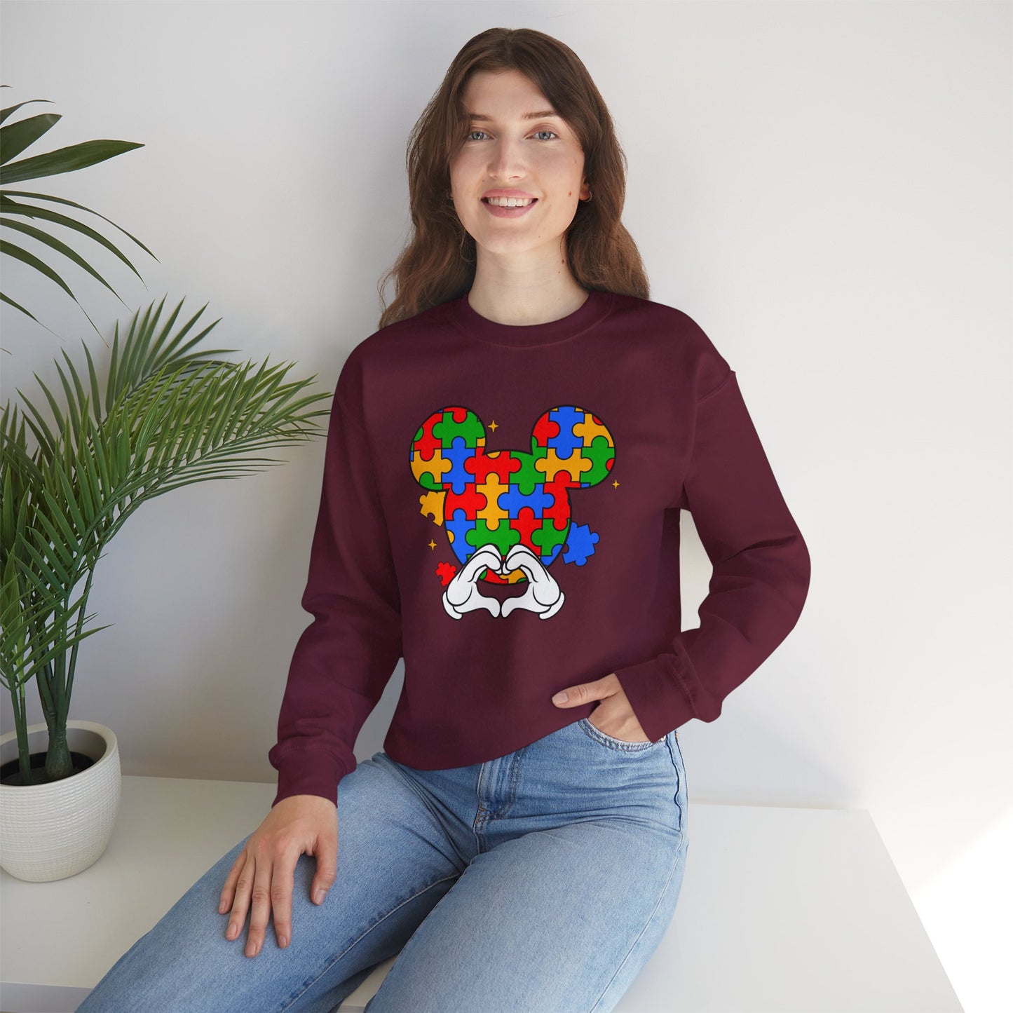 Autism Puzzle Mouse Crewneck Sweatshirt – Colorful Heart Hands Design