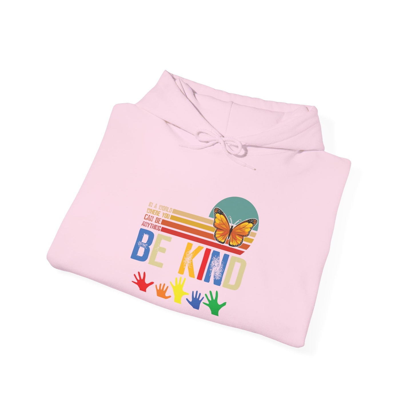 Be Kind Rainbow Hoodie — Retro Sunset Hands Kindness Sweatshirt