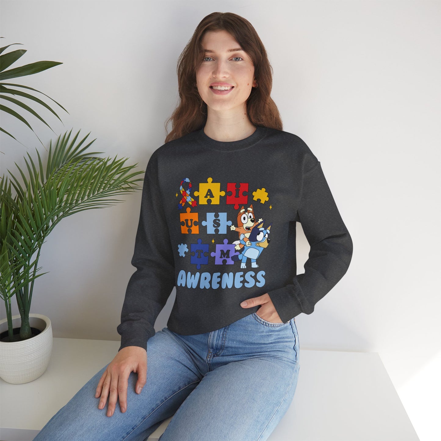 Autism Awareness Crewneck Sweatshirt — Puzzle Ribbon Support Design