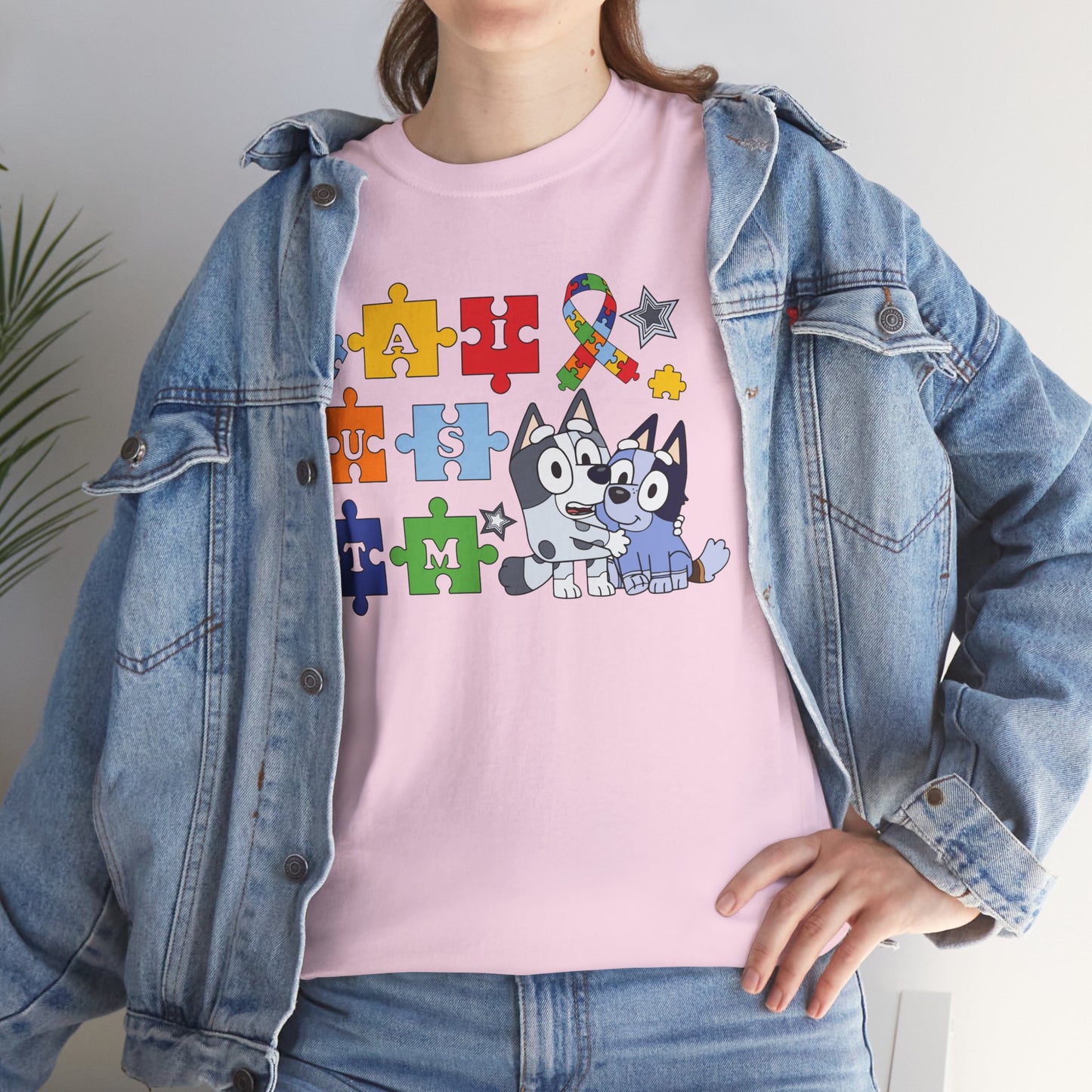 Autism Awareness Puzzle Pieces T-Shirt with Cute Husky & Ribbon