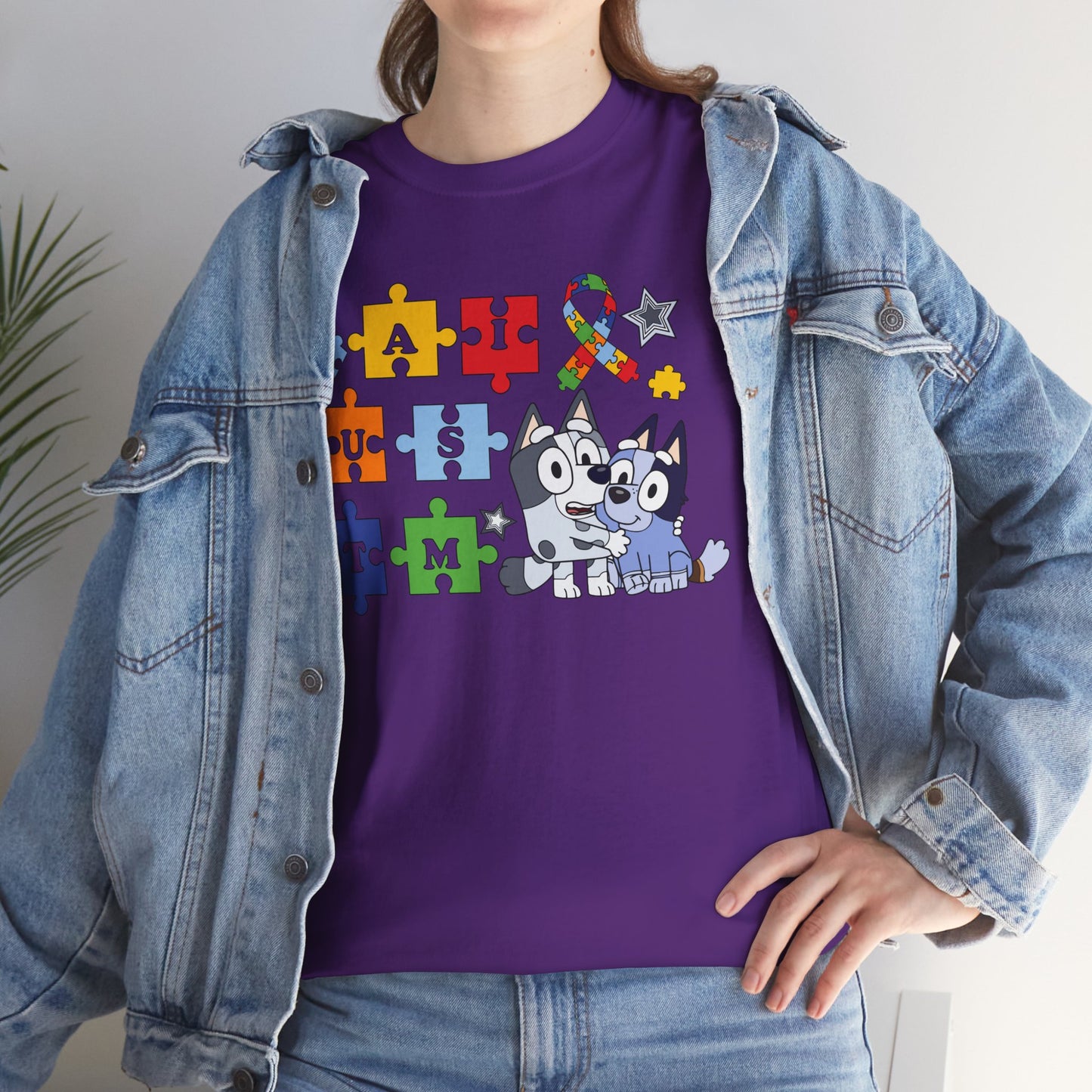 Autism Awareness Puzzle Pieces T-Shirt with Cute Husky & Ribbon