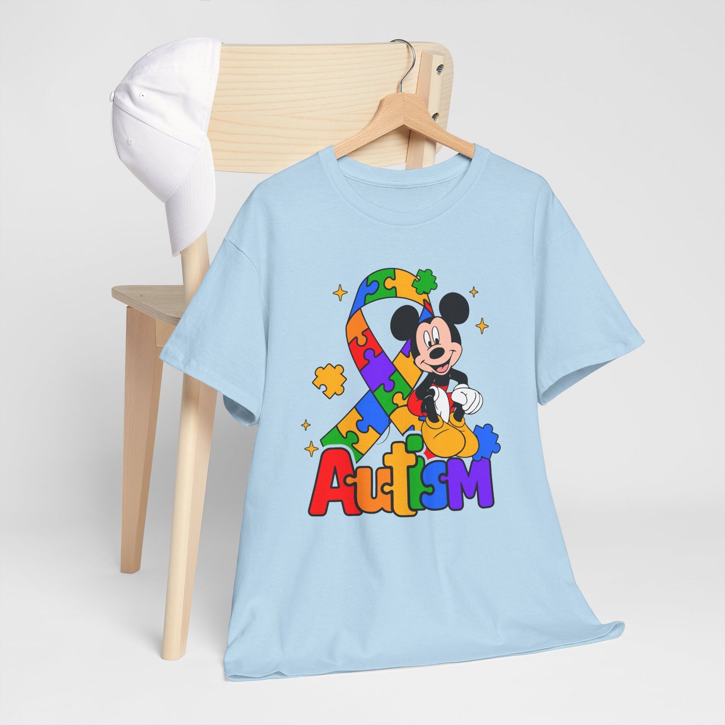 Autism Awareness Tee — Colorful Puzzle Ribbon & Cartoon Mouse Design