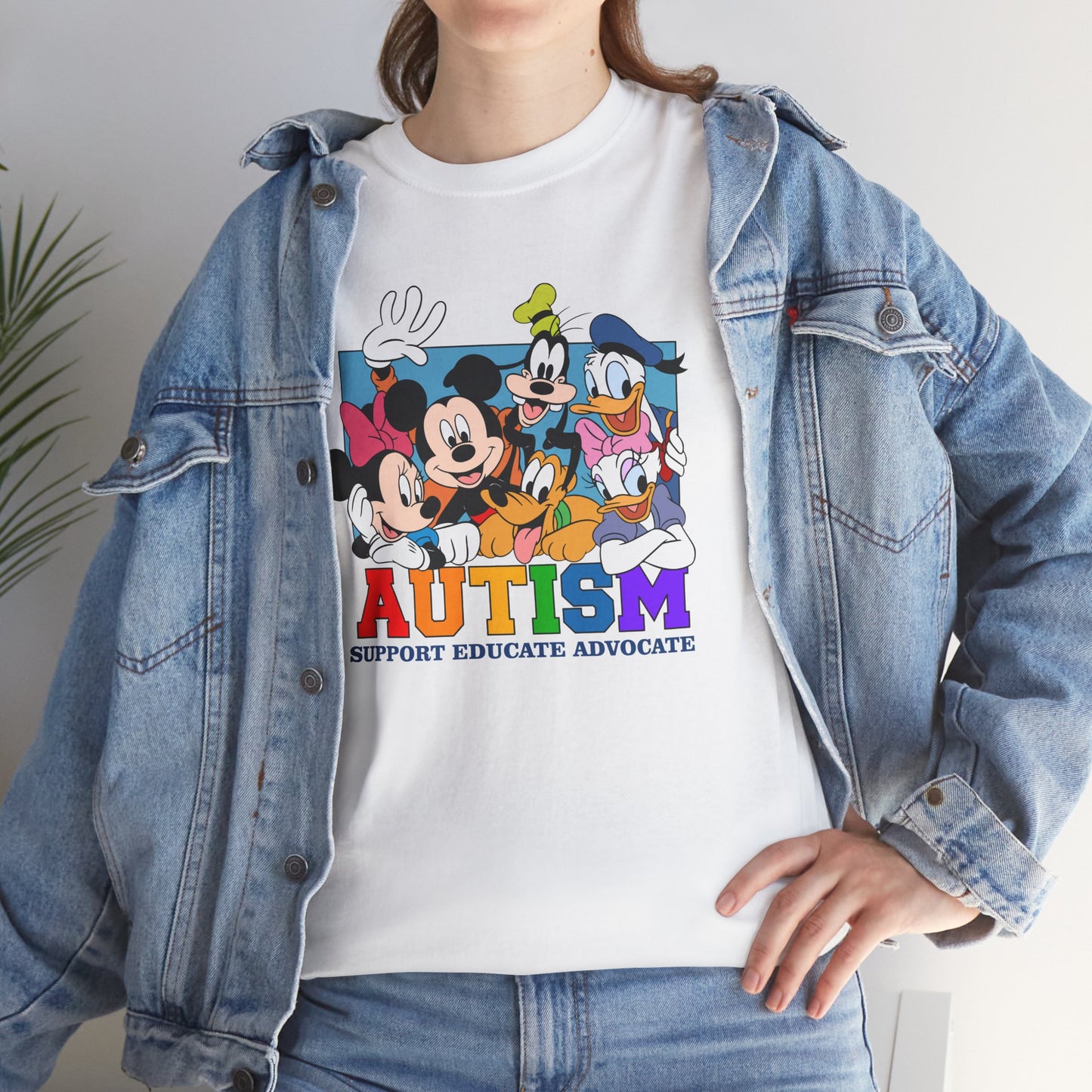 Autism Awareness T-Shirt — "AUTISM: Support Educate Advocate" with Cartoon Characters