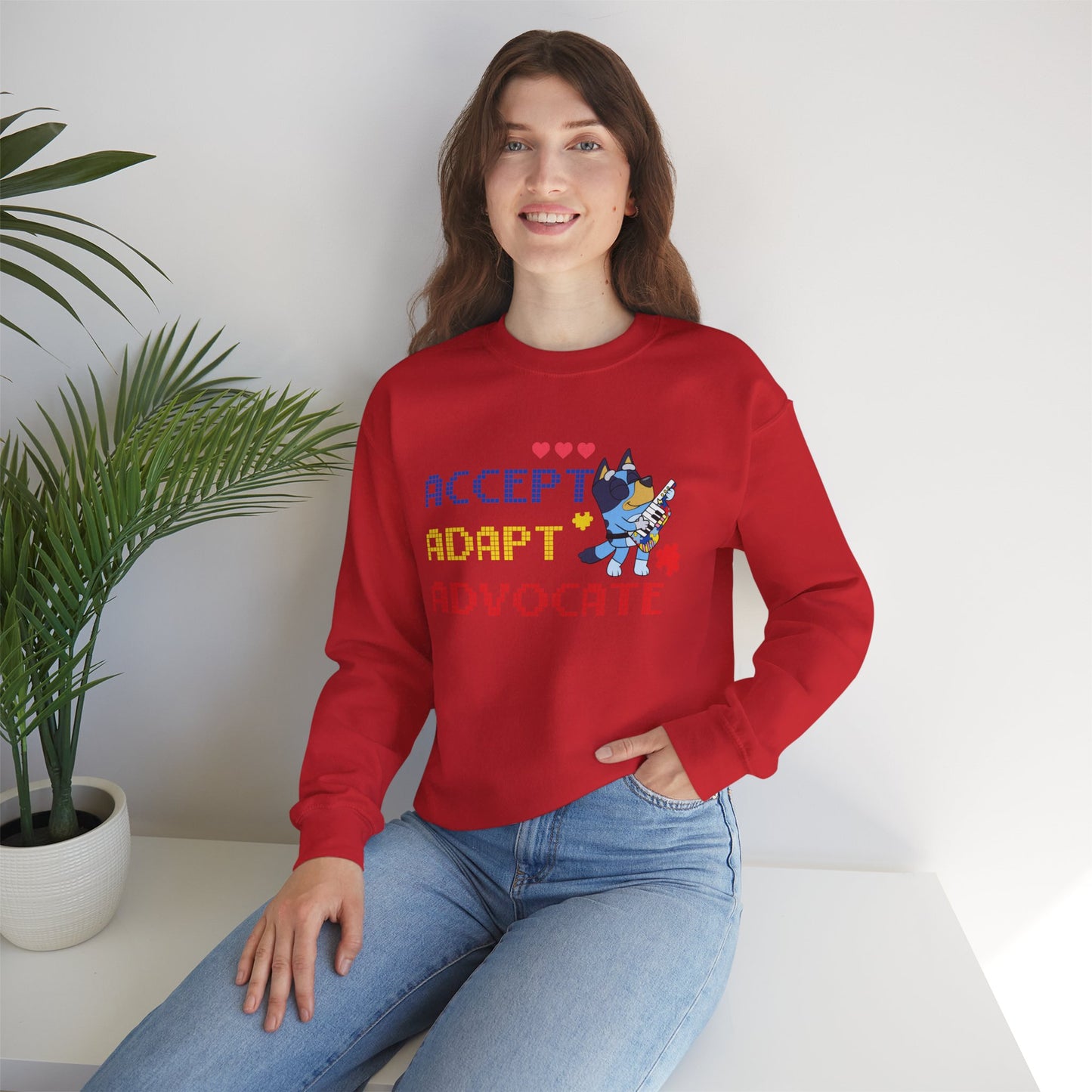Accept Adapt Advocate Crewneck Sweatshirt — Autism Awareness Sweatshirt with Cute Character