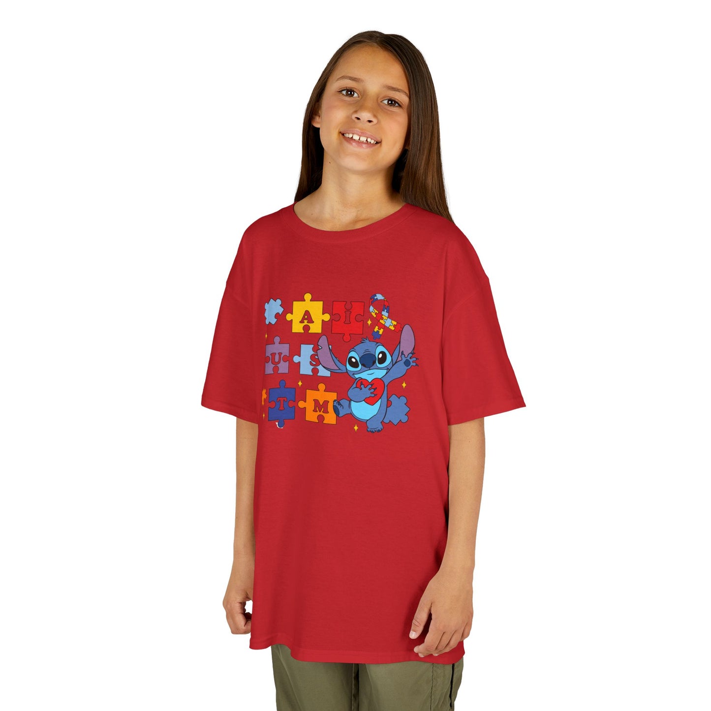 Autism Puzzle Ribbon Kids Tee — Cute Stitch Awareness T-Shirt