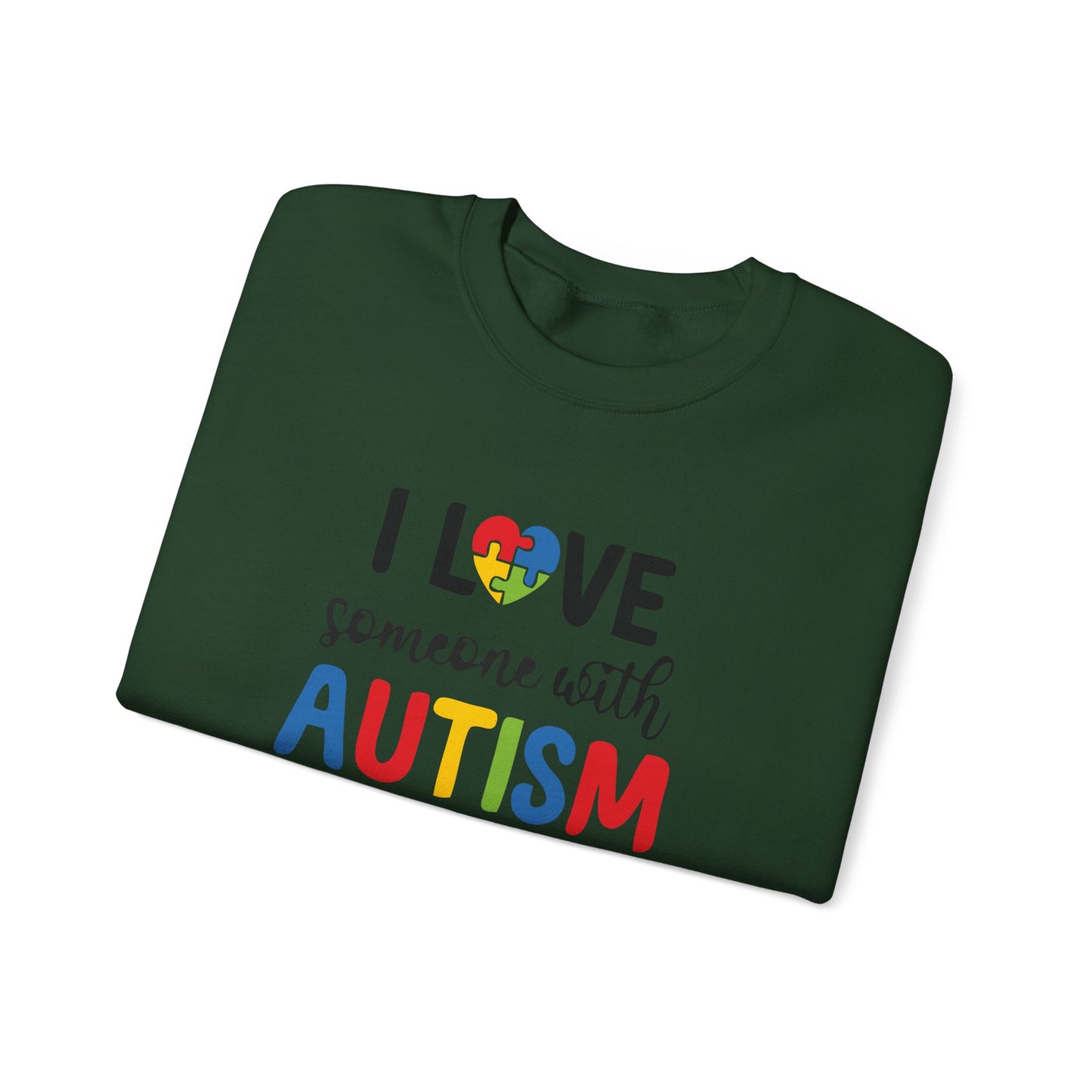 Crewneck Sweatshirt — "I Love Someone With Autism" Colorful Puzzle Heart Support Tee