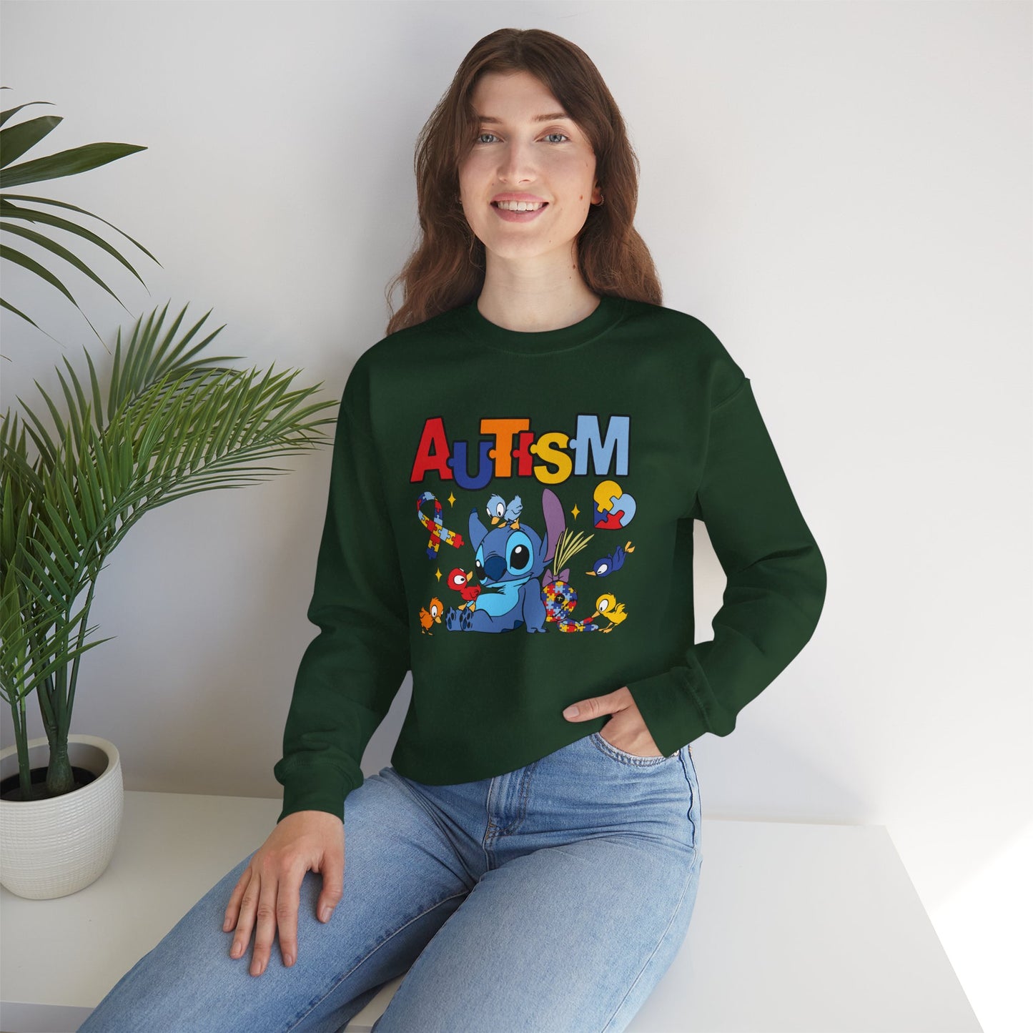 Autism Awareness Crewneck Sweatshirt — Colorful Puzzle Ribbon Stitch-Inspired Design