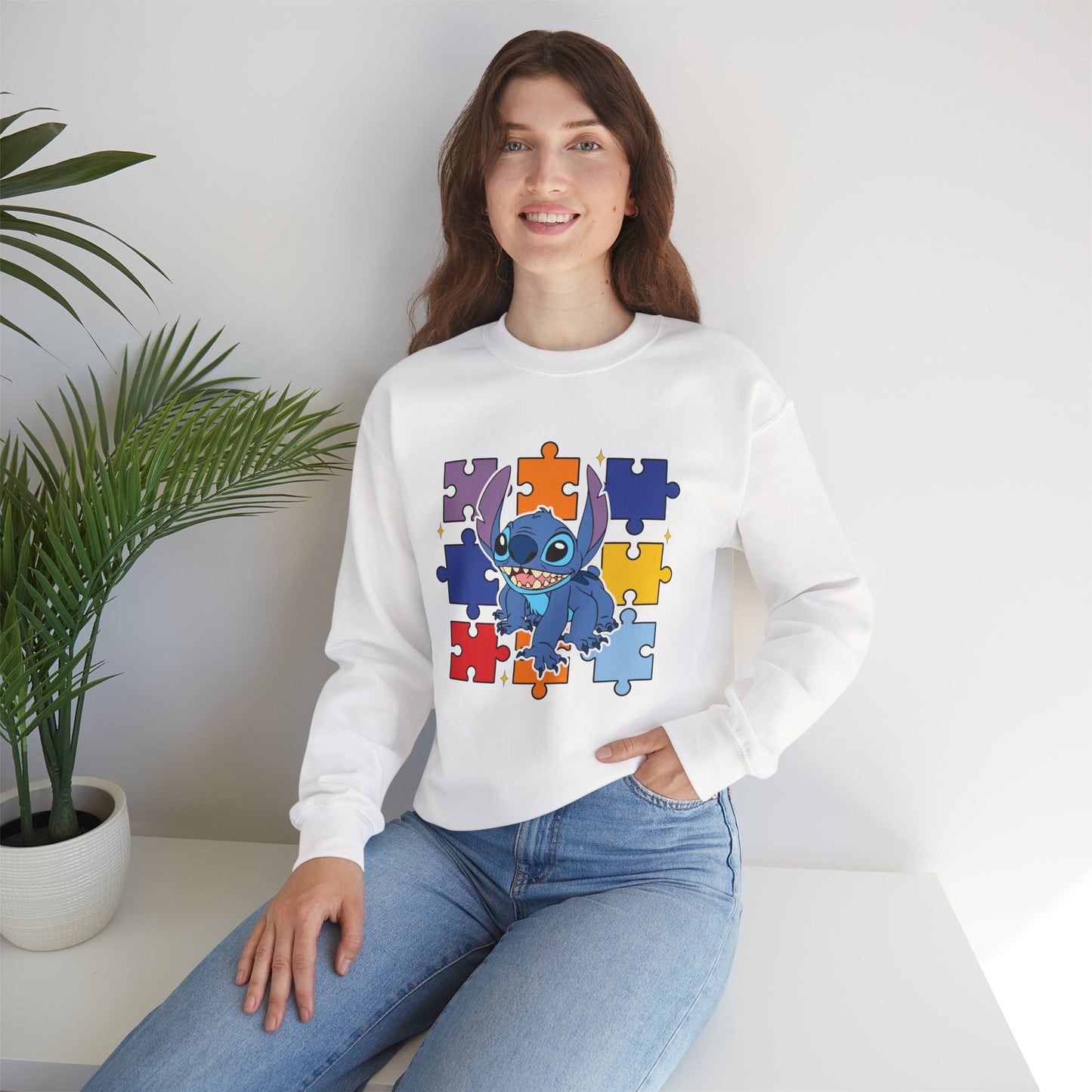 Stitch Puzzle Crewneck Sweatshirt — Cute Blue Alien on Colorful Jigsaw Design