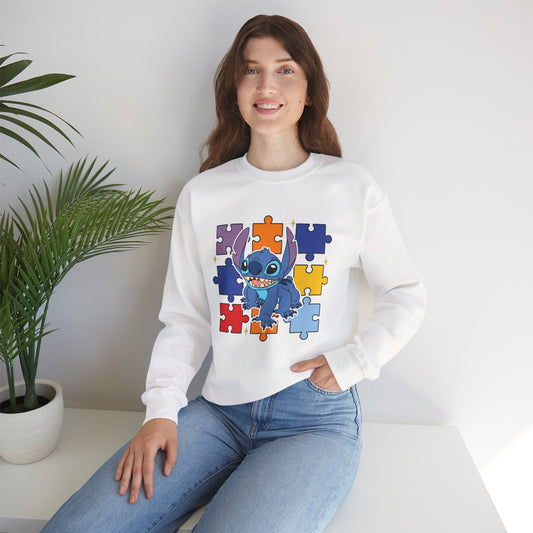 Stitch Puzzle Crewneck Sweatshirt — Cute Blue Alien on Colorful Jigsaw Design