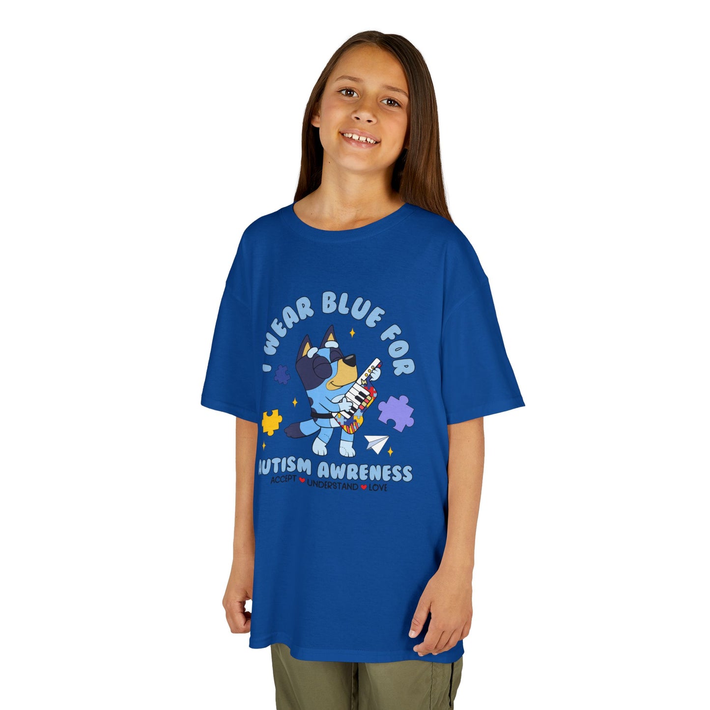 Kids Tee — 'I Wear Blue for Autism Awareness' Cute Puzzle-Heart Design