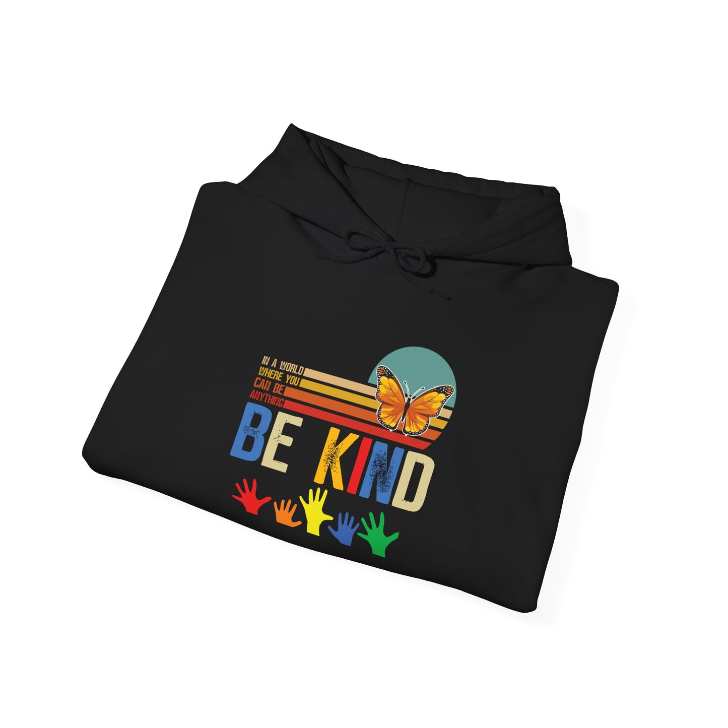 Be Kind Rainbow Hoodie — Retro Sunset Hands Kindness Sweatshirt