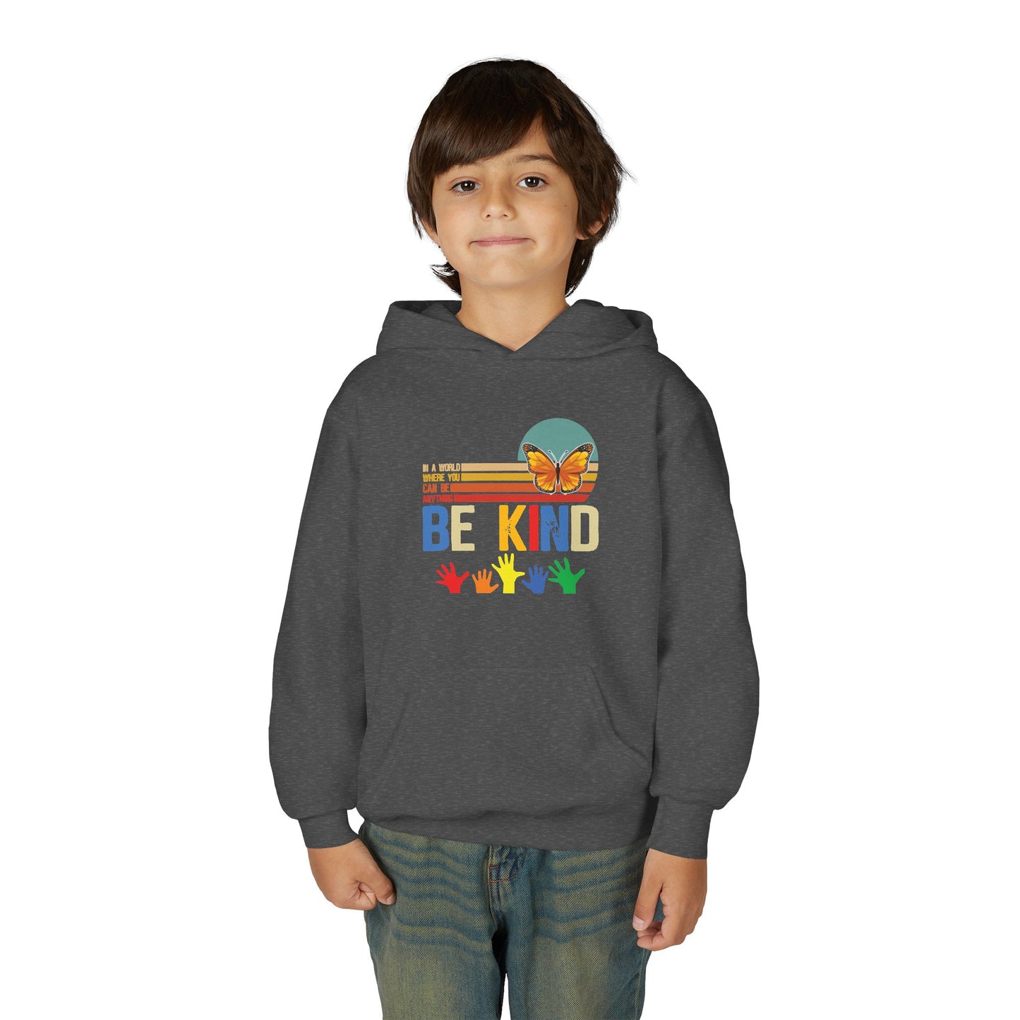 Be Kind Youth Hoodie - Colorful Butterfly & Handprint Design