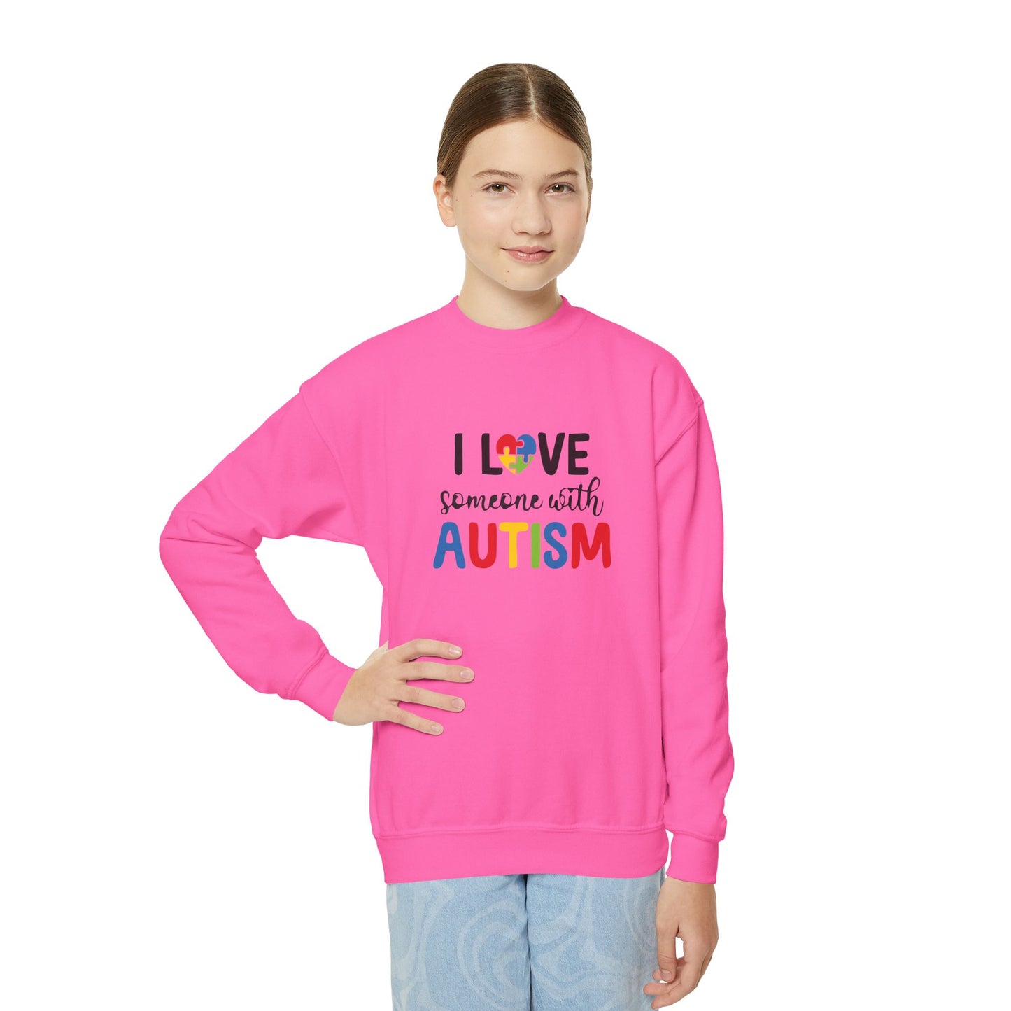 Autism Awareness Youth Crewneck Sweatshirt - I Love Someone with Autism