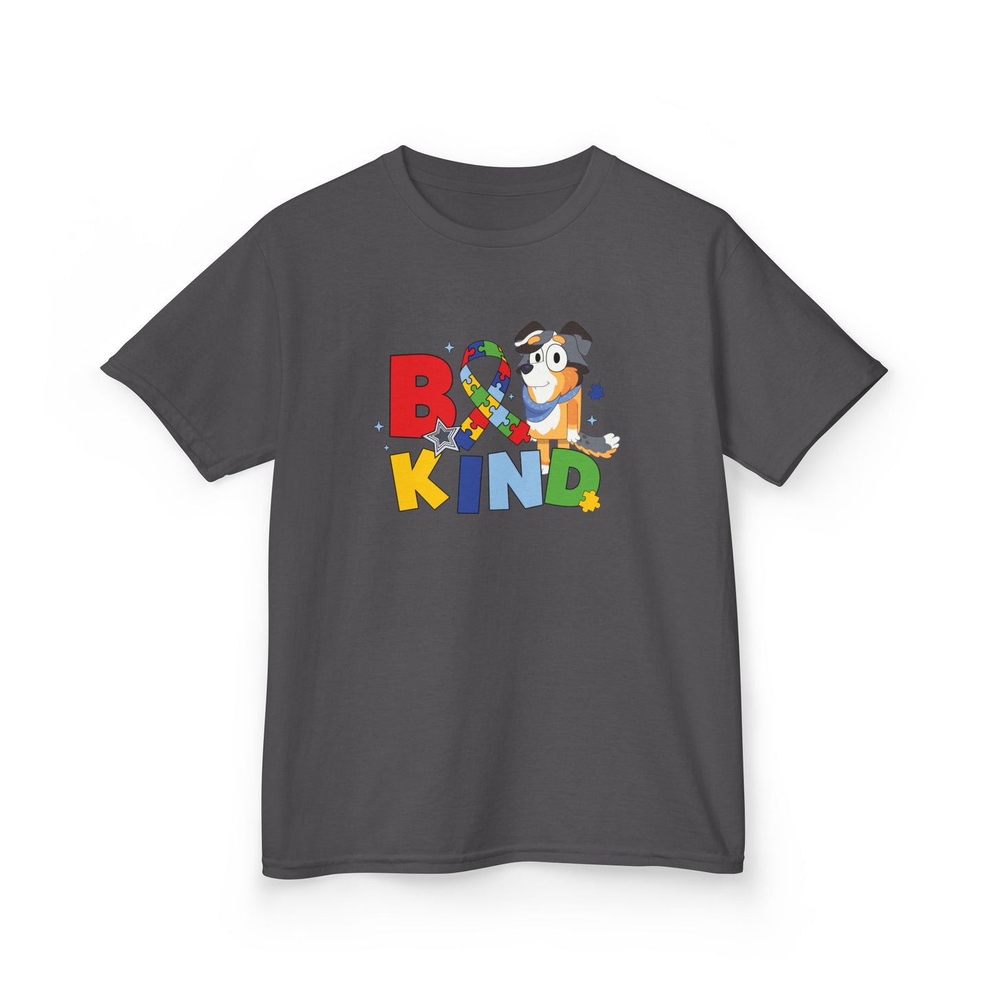 Kids Tee — "Be Kind" Colorful Autism Awareness Ribbon Design