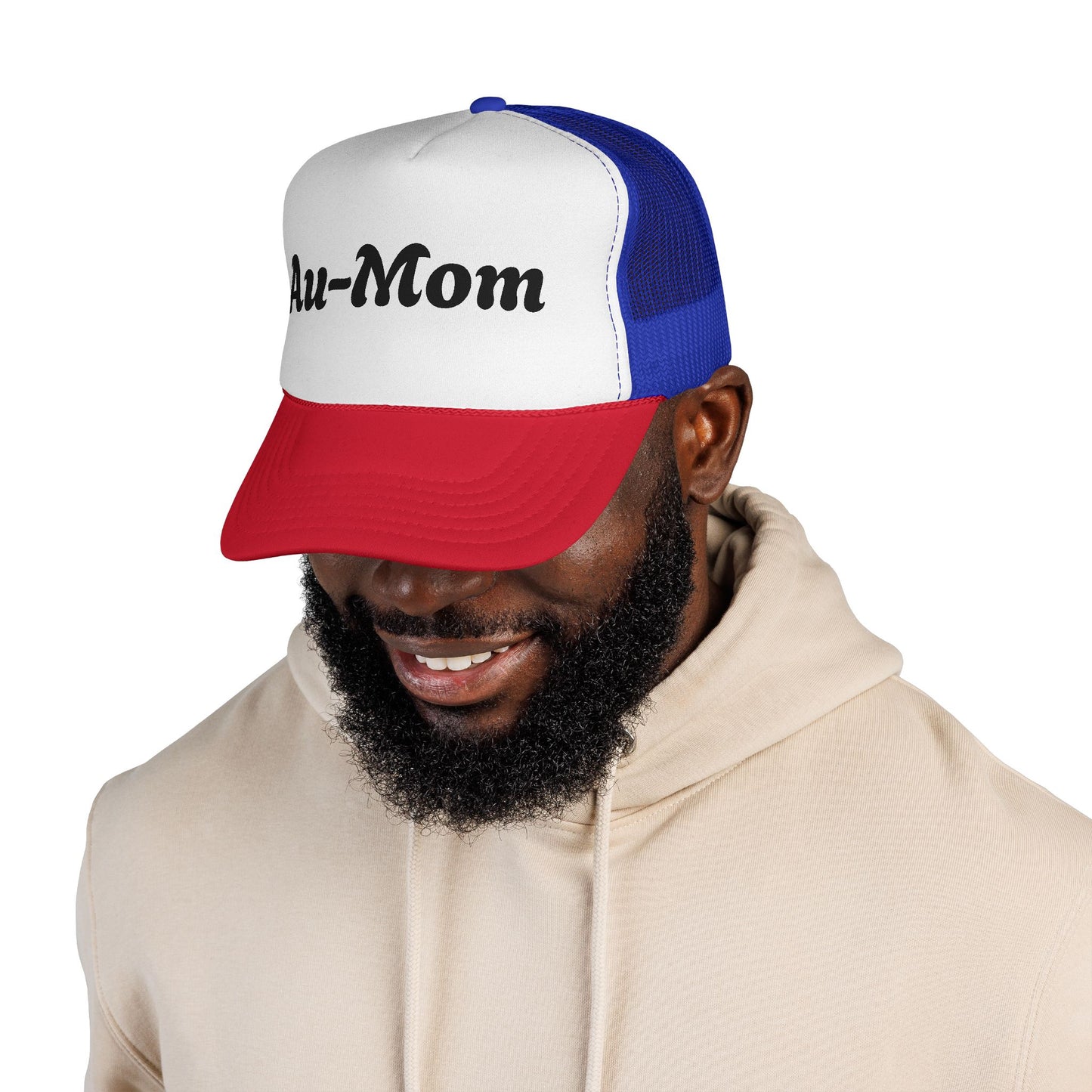 Au-Mom Trucker Cap — Cute Script Mom Hat for Au Pair & Nanny Gifts