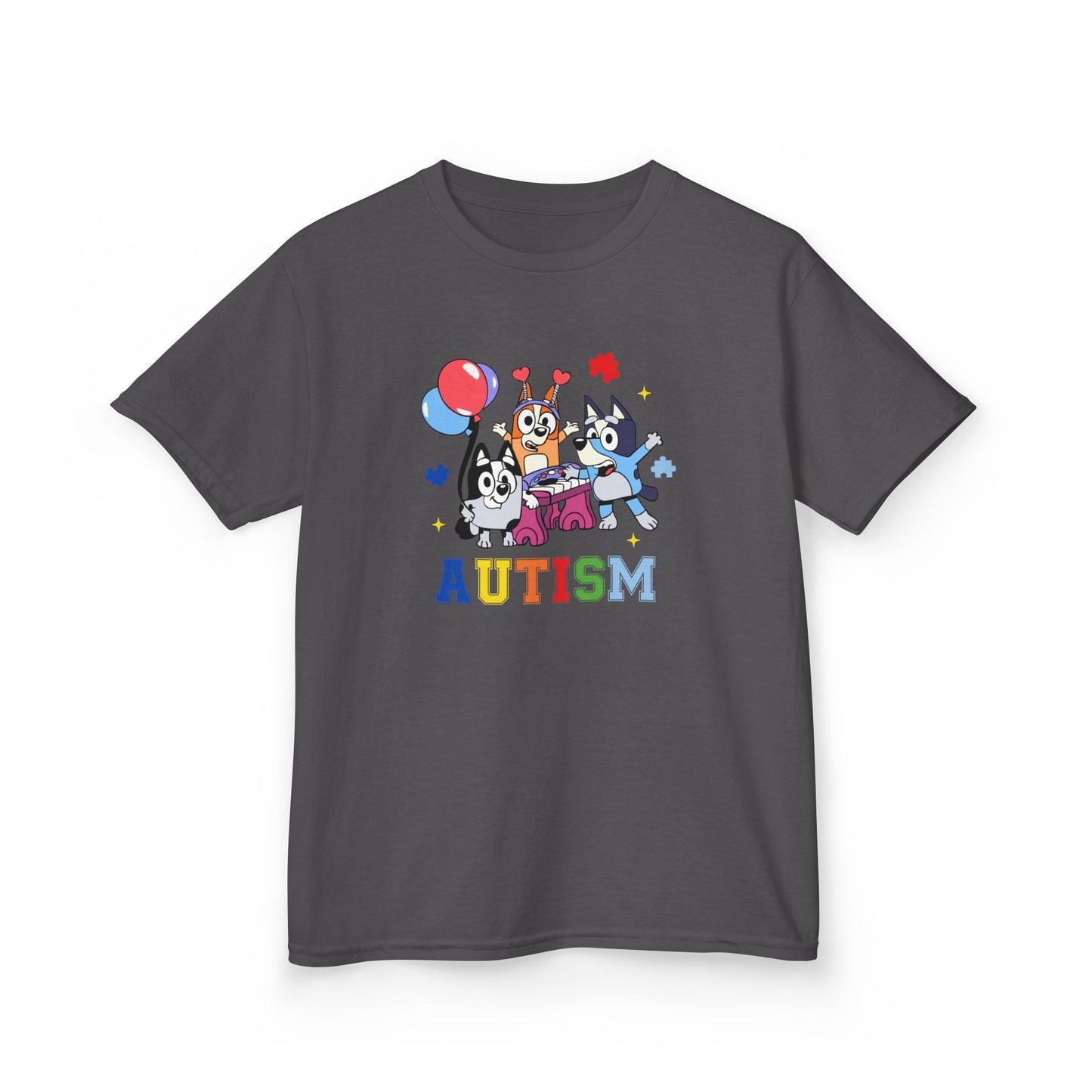 Kids Tee — Colorful 'AUTISM' Paw & Balloon Celebration Design
