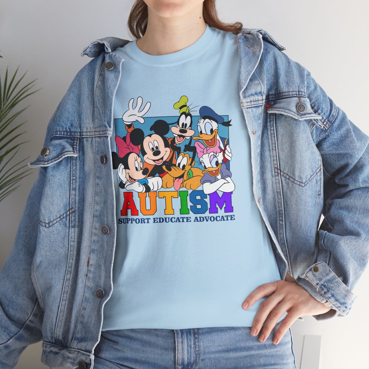 Autism Awareness T-Shirt — "AUTISM: Support Educate Advocate" with Cartoon Characters