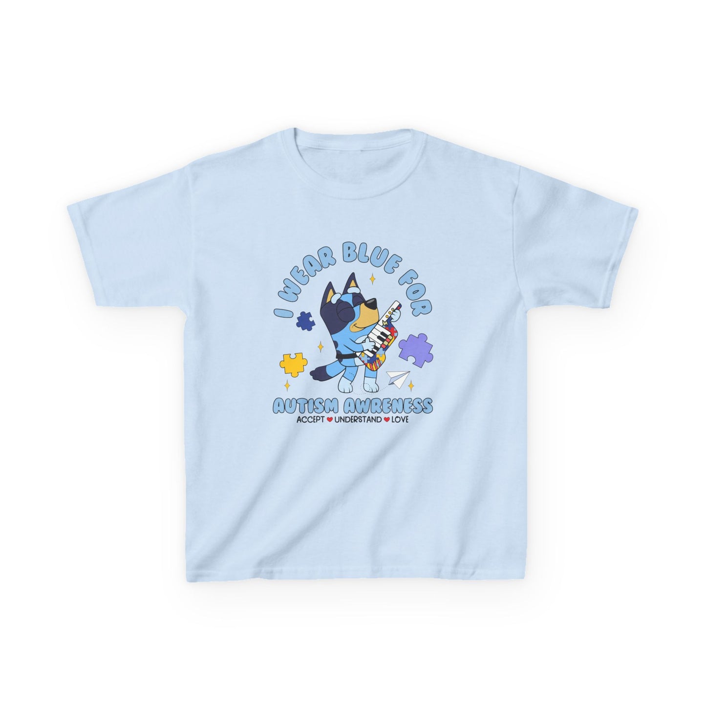 Kids Tee — 'I Wear Blue for Autism Awareness' Cute Puzzle-Heart Design