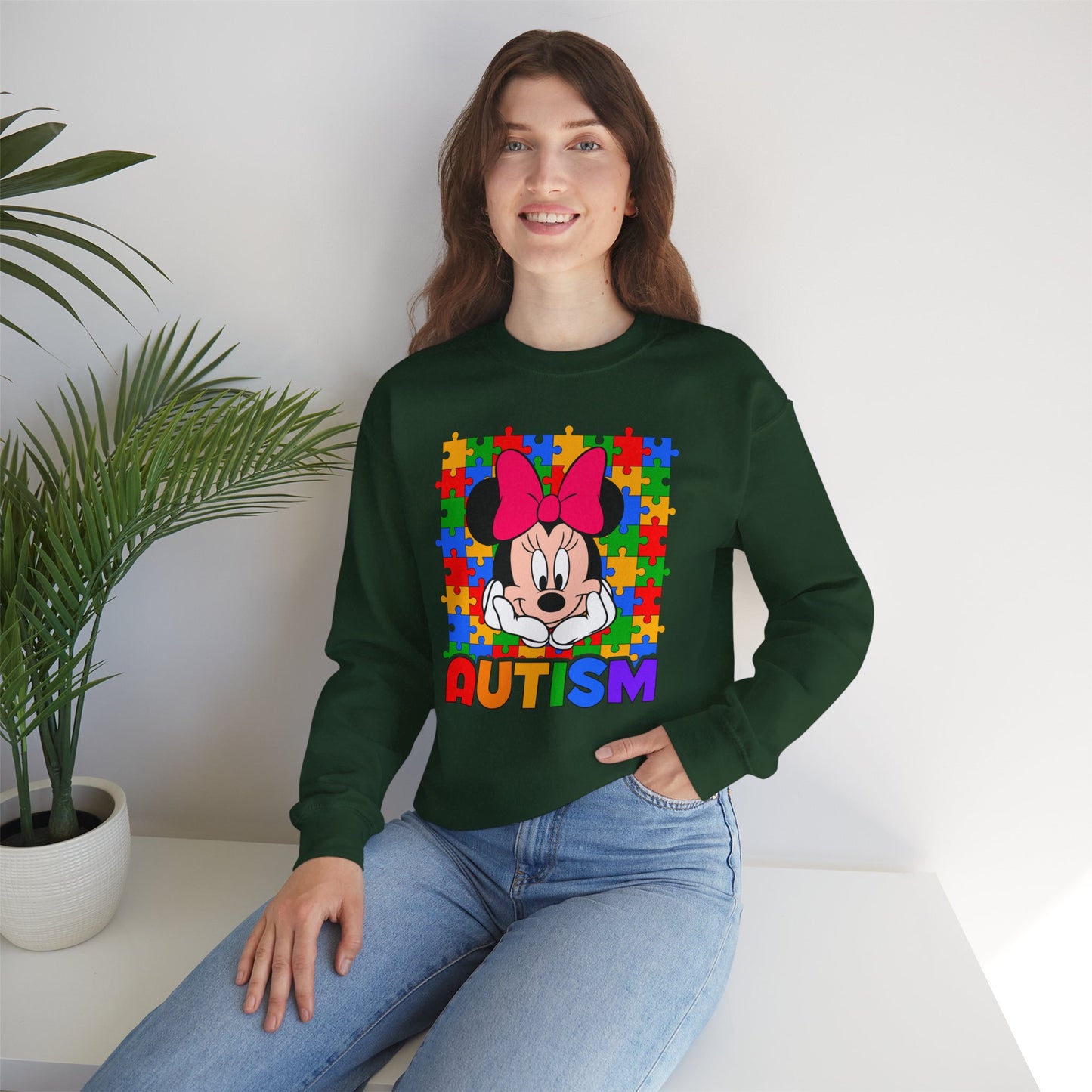 Autism Awareness Sweatshirt — Rainbow Puzzle Heart Character Design
