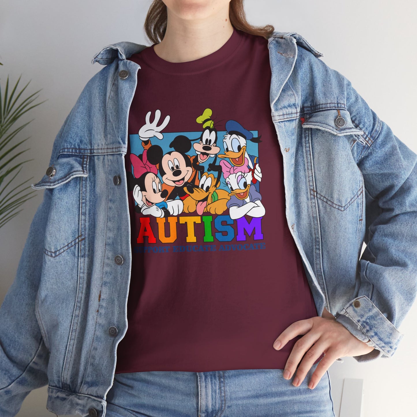 Autism Awareness T-Shirt — "AUTISM: Support Educate Advocate" with Cartoon Characters