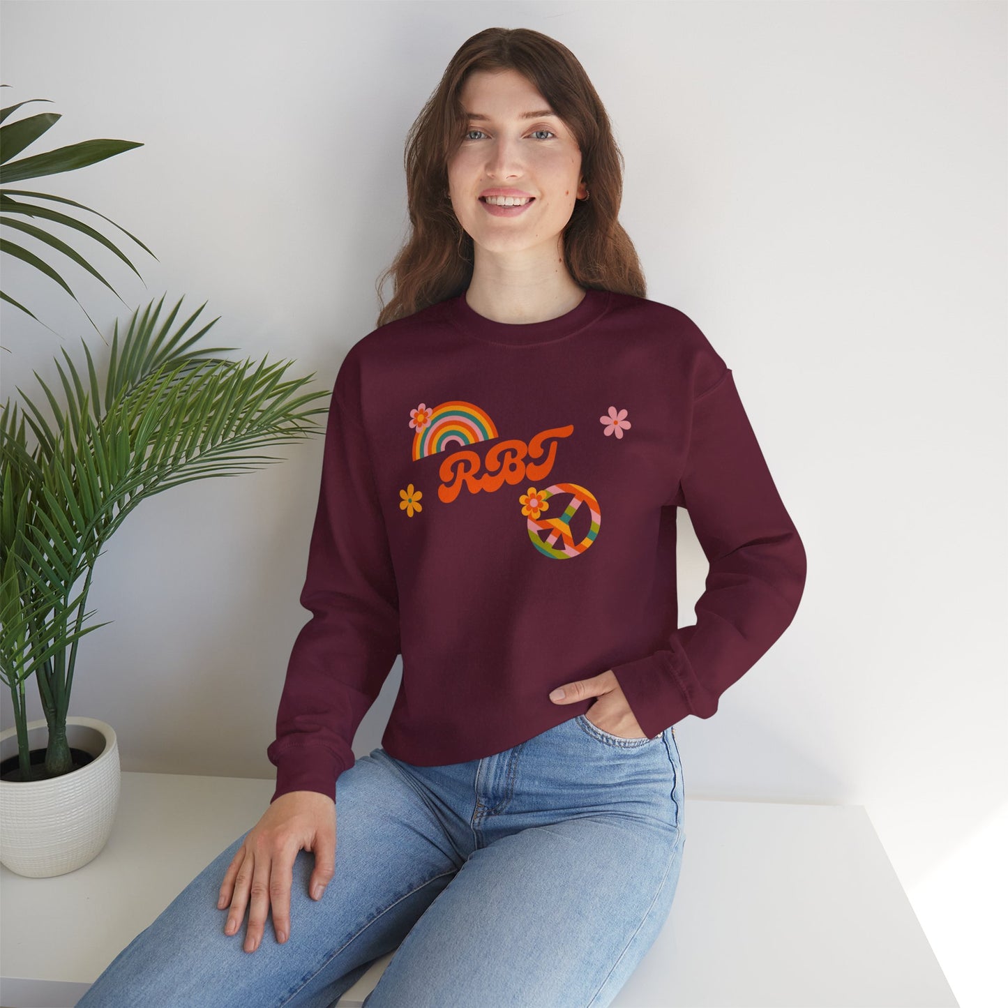 Retro Peace Rainbow Crewneck Sweatshirt — RBT Floral Groovy Design