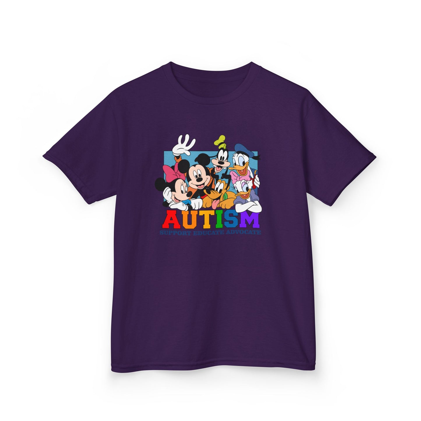 Kids Autism Awareness T-Shirt — Support, Educate, Advocate (Rainbow Letters)