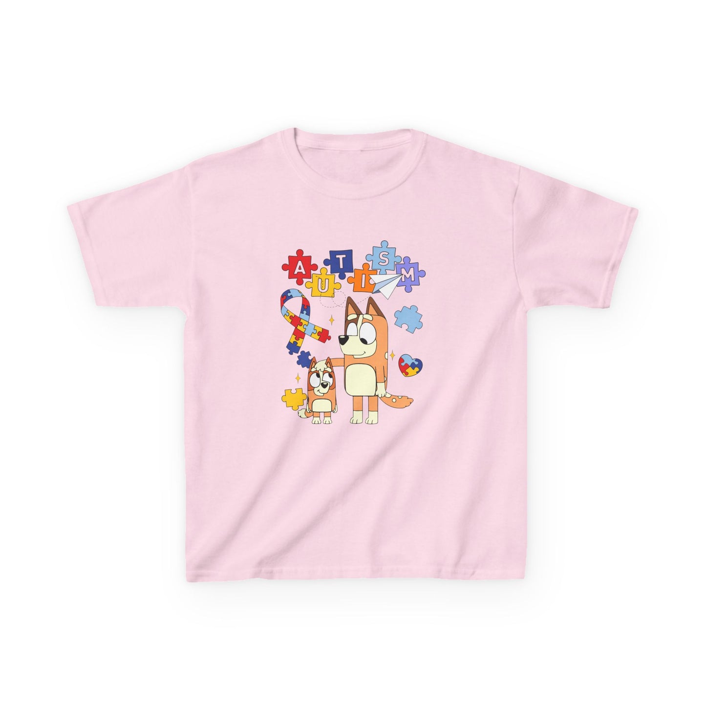 Kids Autism Awareness T-Shirt — Colorful Puzzle Heart & Cartoon Dog Design