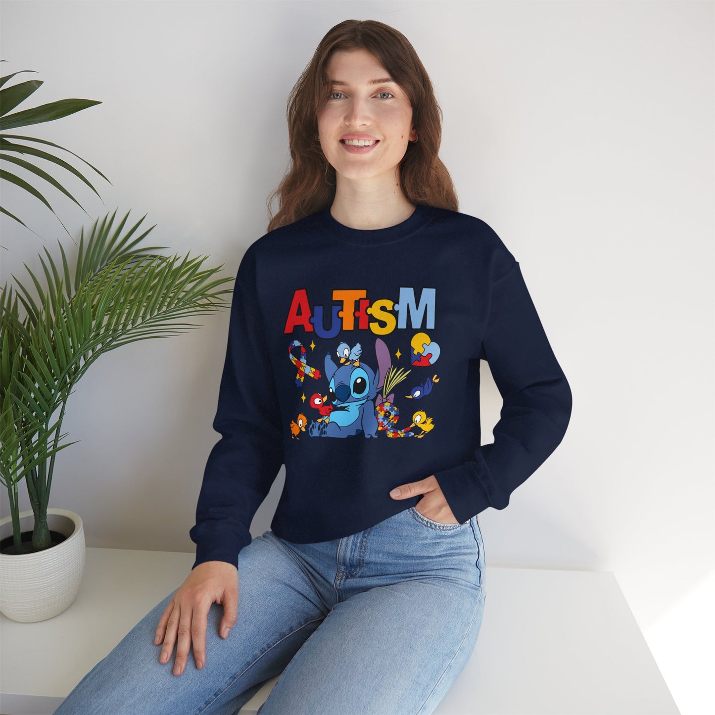 Autism Awareness Crewneck Sweatshirt — Colorful Puzzle Ribbon Stitch-Inspired Design
