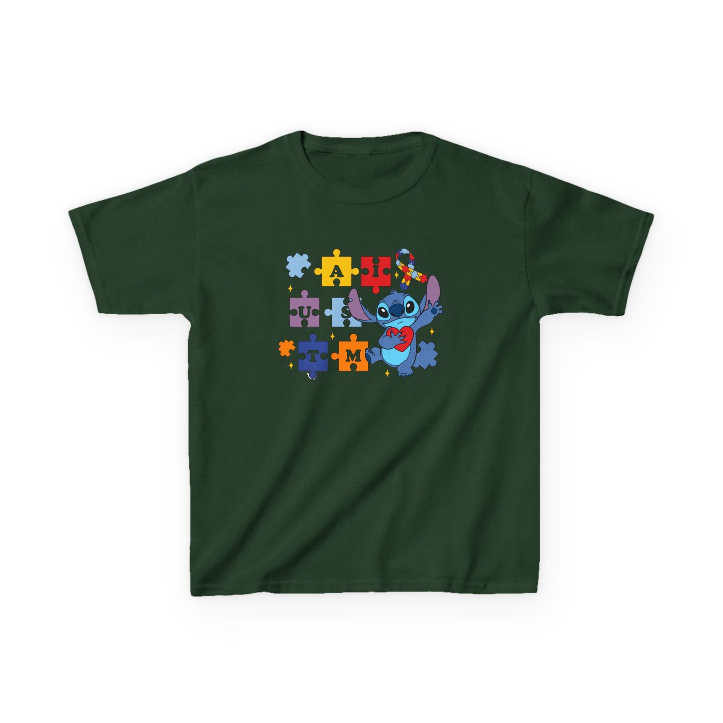 Autism Puzzle Ribbon Kids Tee — Cute Stitch Awareness T-Shirt