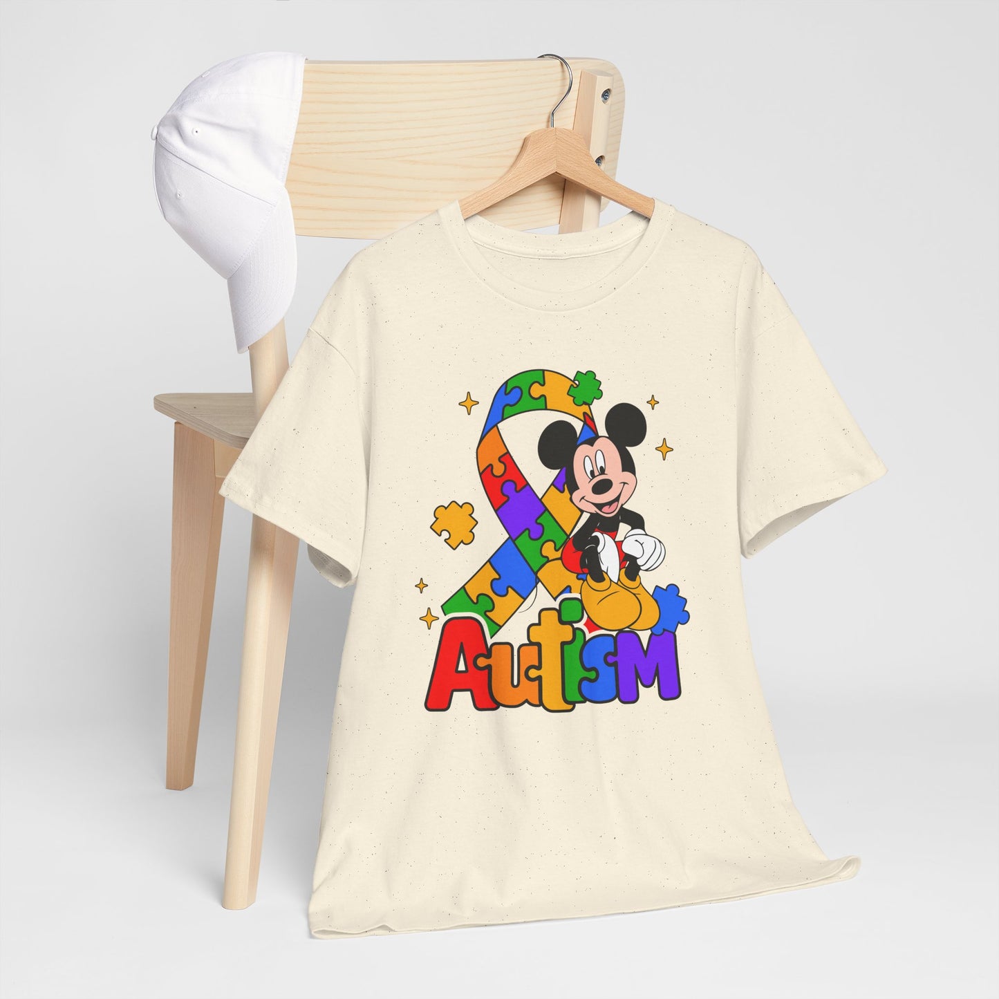 Autism Awareness Tee — Colorful Puzzle Ribbon & Cartoon Mouse Design