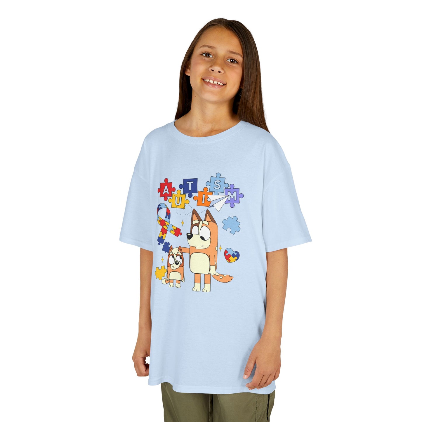 Kids Autism Awareness T-Shirt — Colorful Puzzle Heart & Cartoon Dog Design