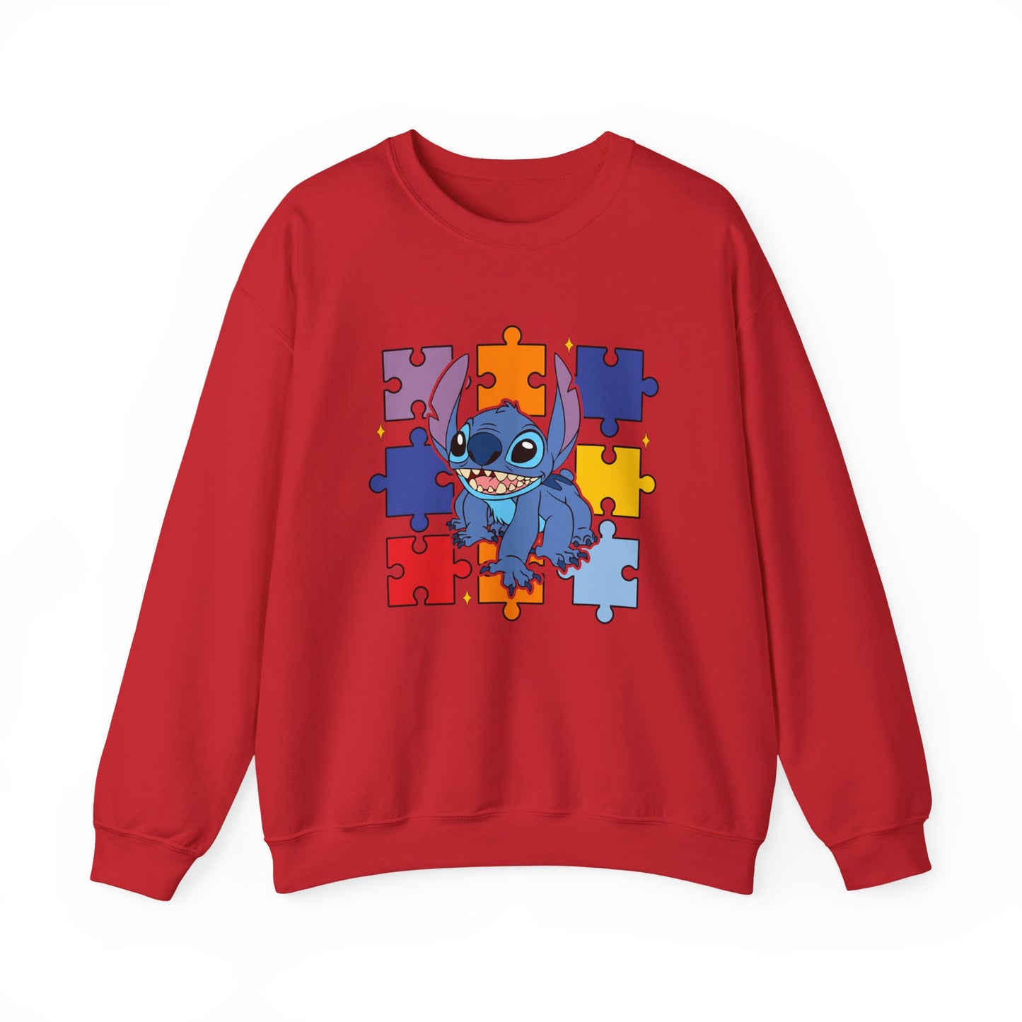 Stitch Puzzle Crewneck Sweatshirt — Cute Blue Alien on Colorful Jigsaw Design