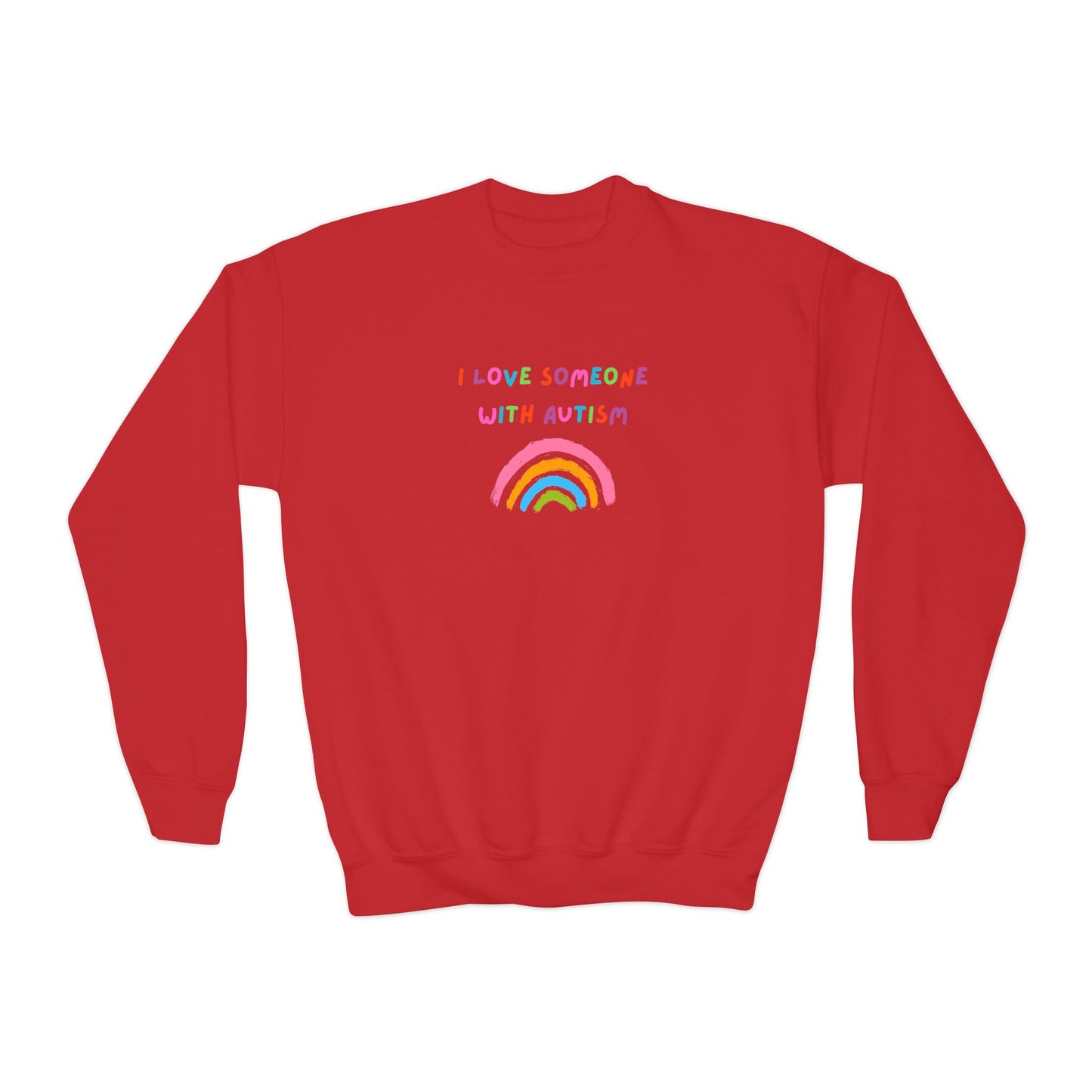 Youth Crewneck Sweatshirt — "I Love Someone With Autism" Rainbow Awareness Pullover