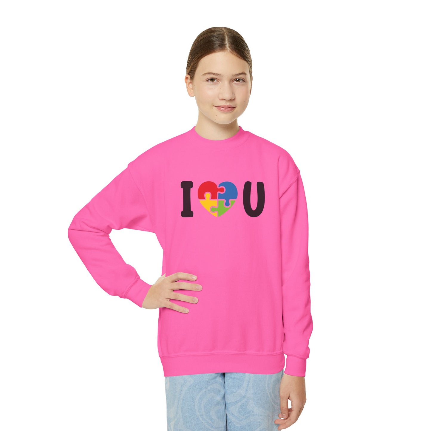 Colorful I  U Puzzle Heart Youth Crewneck Sweatshirt