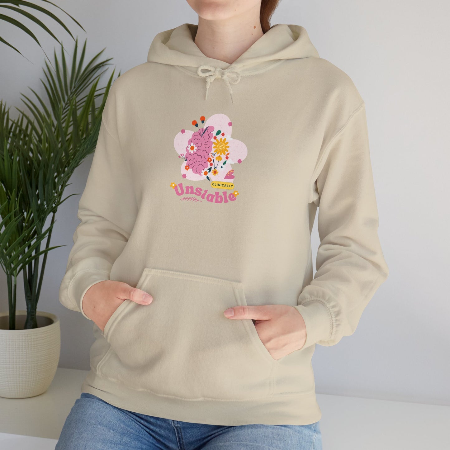 Unstable Cute Pastel Character Hoodie — Kawaii Pink Floral Graphic Sweatshirt