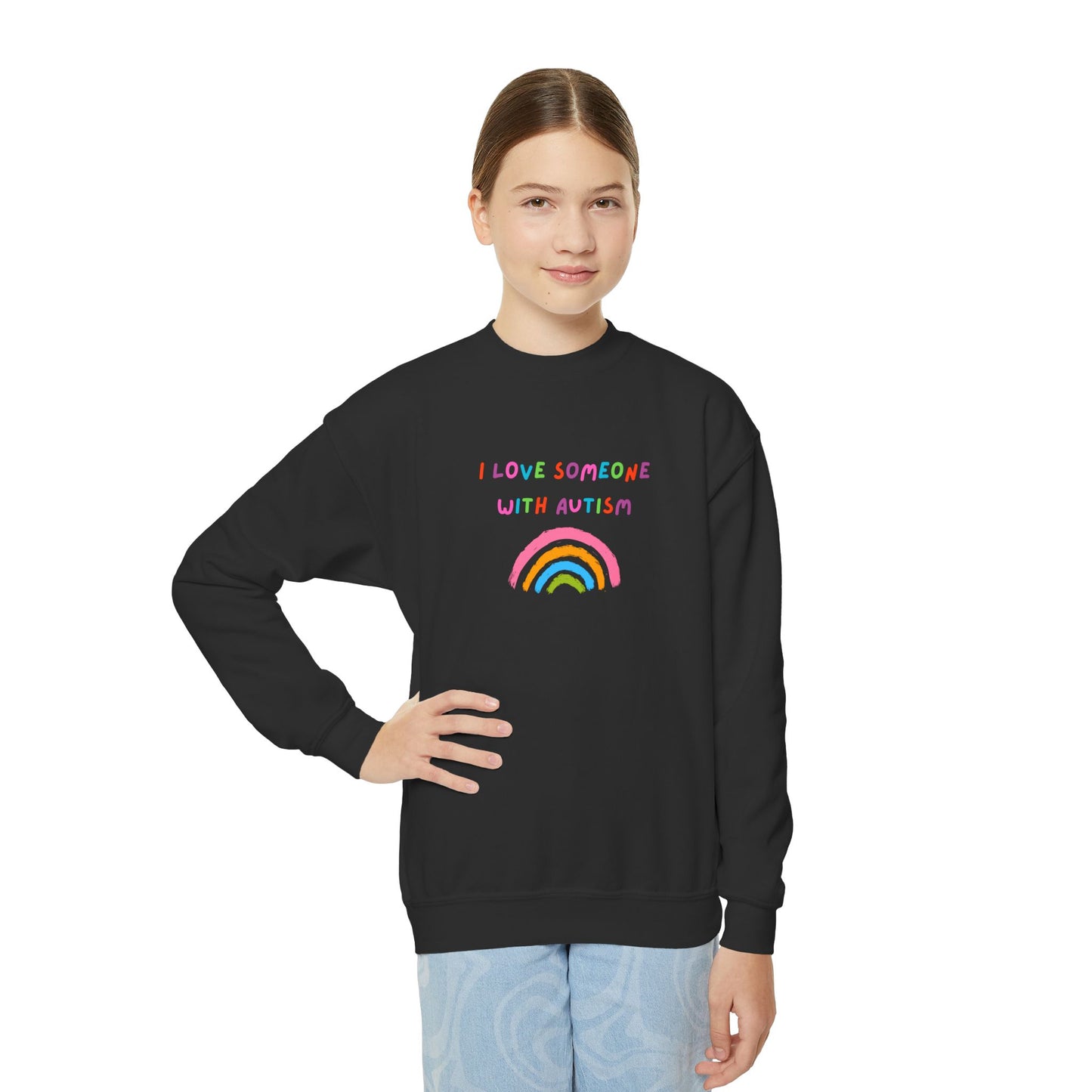 Youth Crewneck Sweatshirt — "I Love Someone With Autism" Rainbow Awareness Pullover