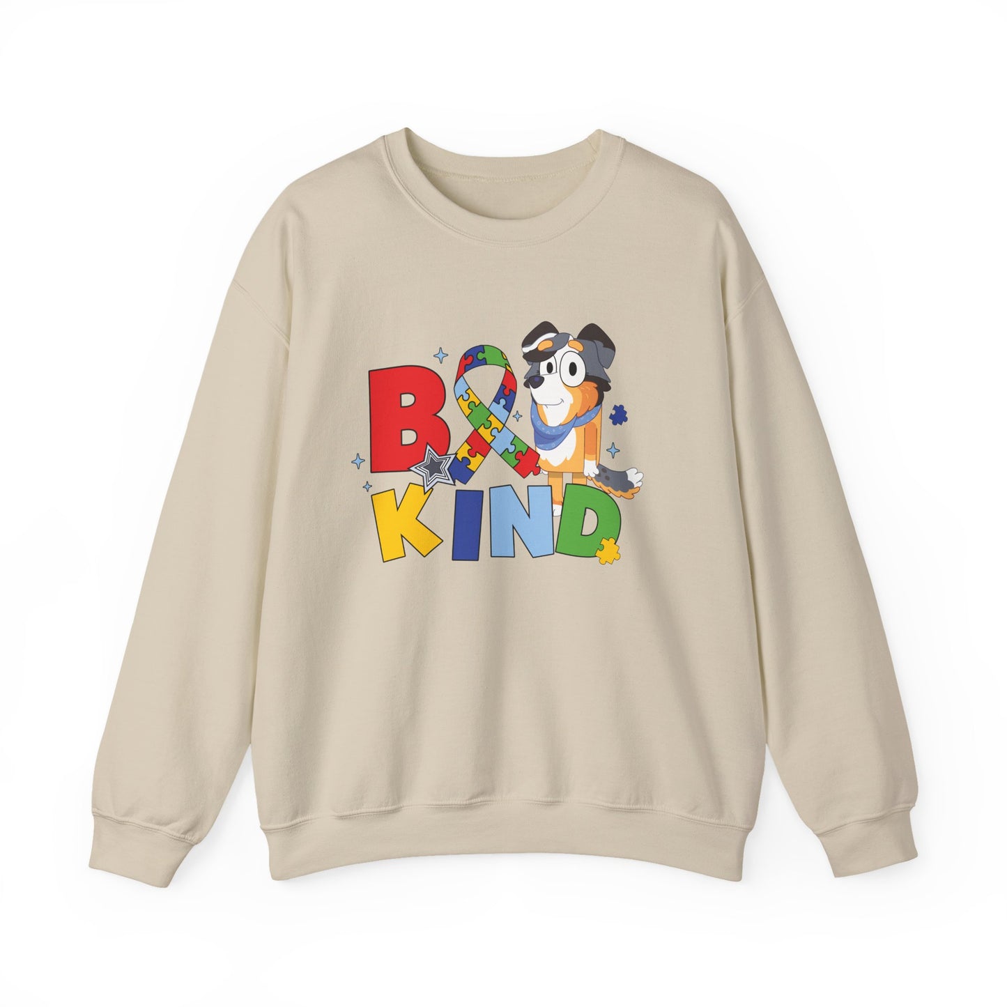 Be Kind Crewneck Sweatshirt — Autism Awareness Puzzle Ribbon Dog Design