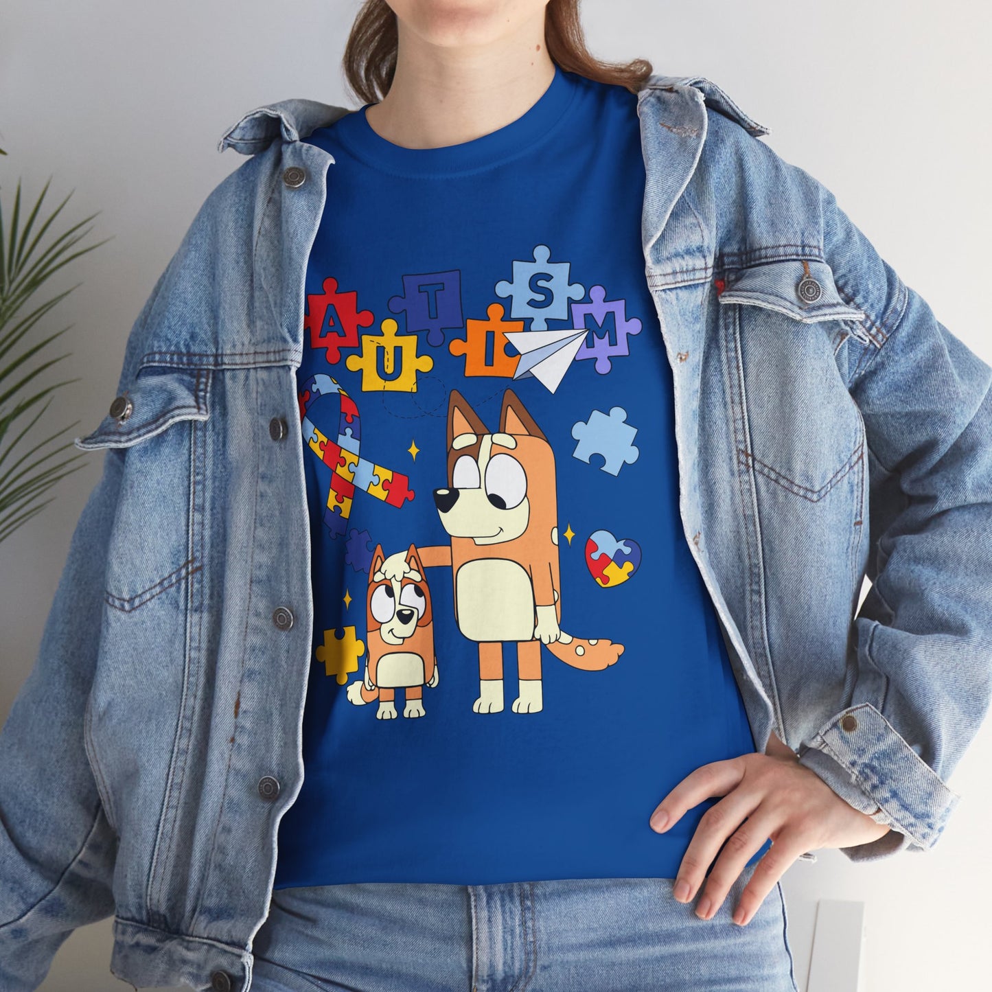Autism Awareness Puzzle Ribbon Tee — Cute Red Dog Family Design
