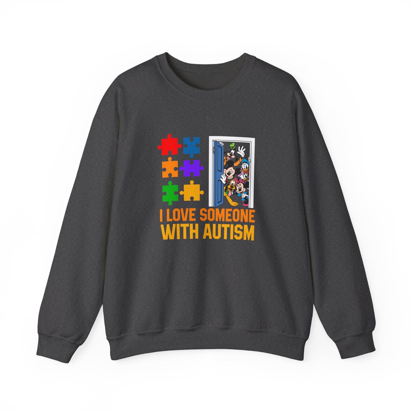 Autism Awareness Crewneck Sweatshirt — "I Love Someone With Autism" Puzzle Heart Design