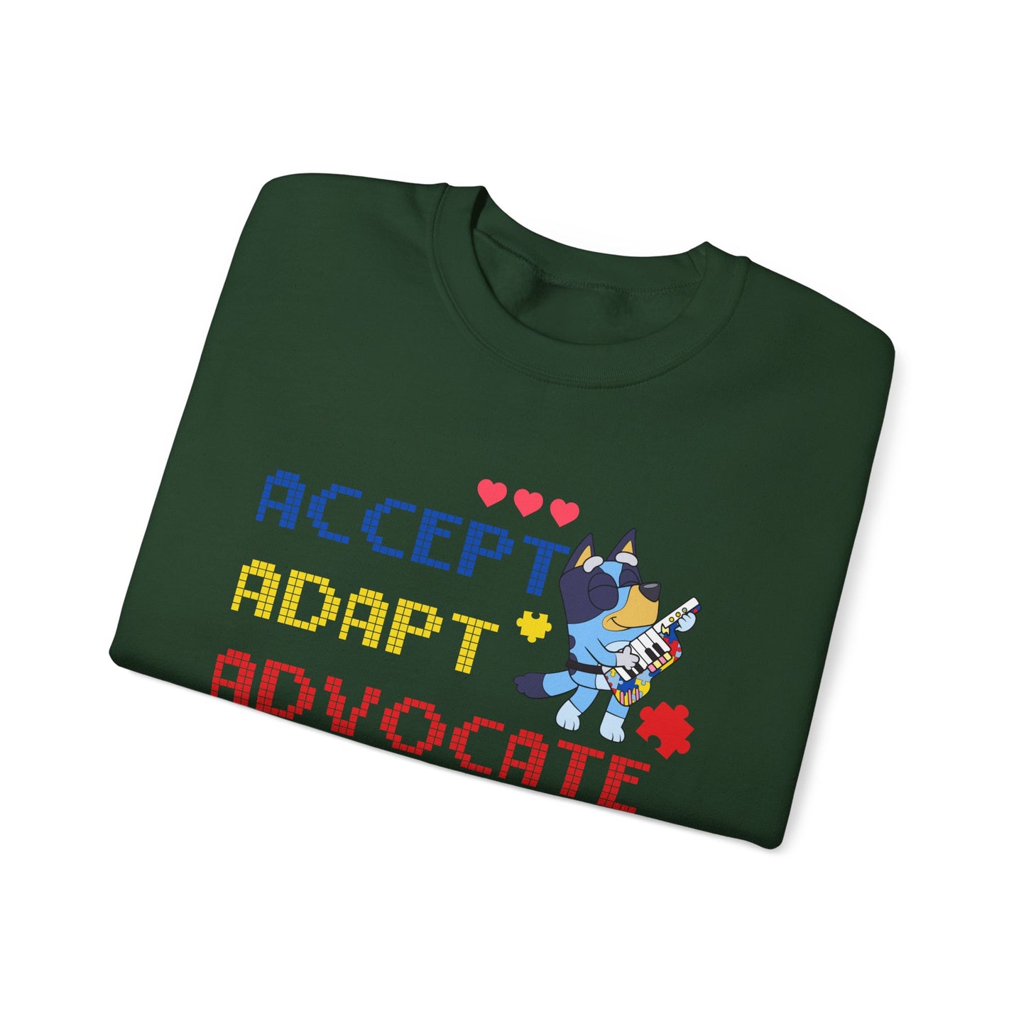 Accept Adapt Advocate Crewneck Sweatshirt — Autism Awareness Sweatshirt with Cute Character