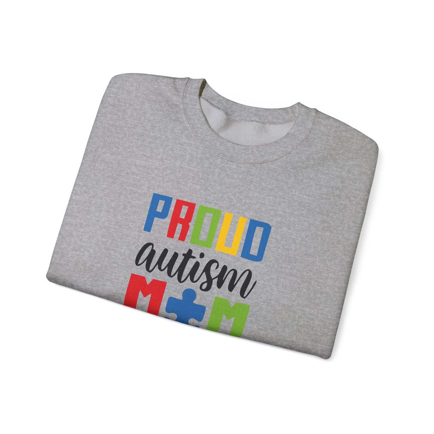 Crewneck Sweatshirt — "Proud Autism Mom" Colorful Puzzle Piece Design