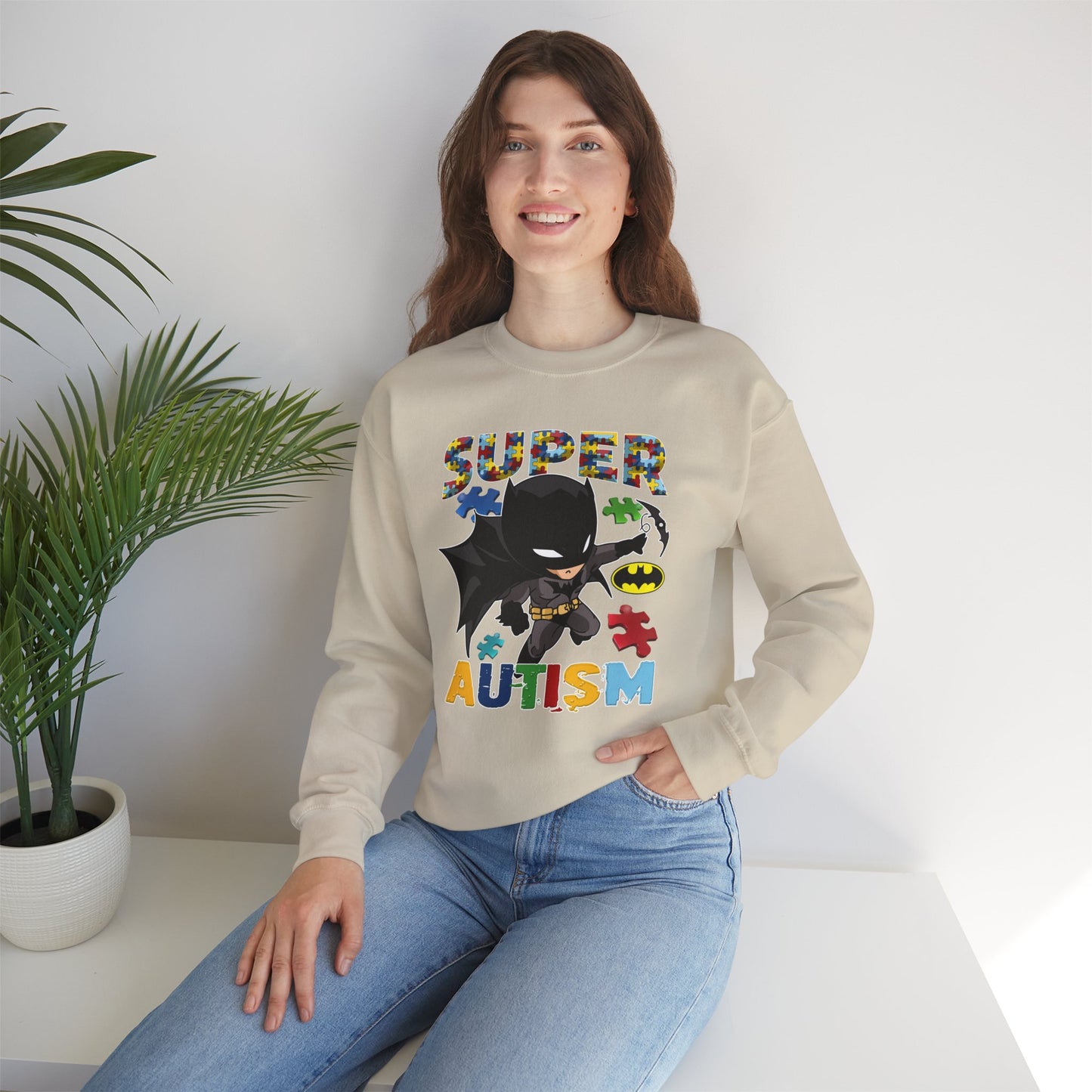 Autism Superhero Crewneck Sweatshirt — "Super Autism" Puzzle-Heart Design