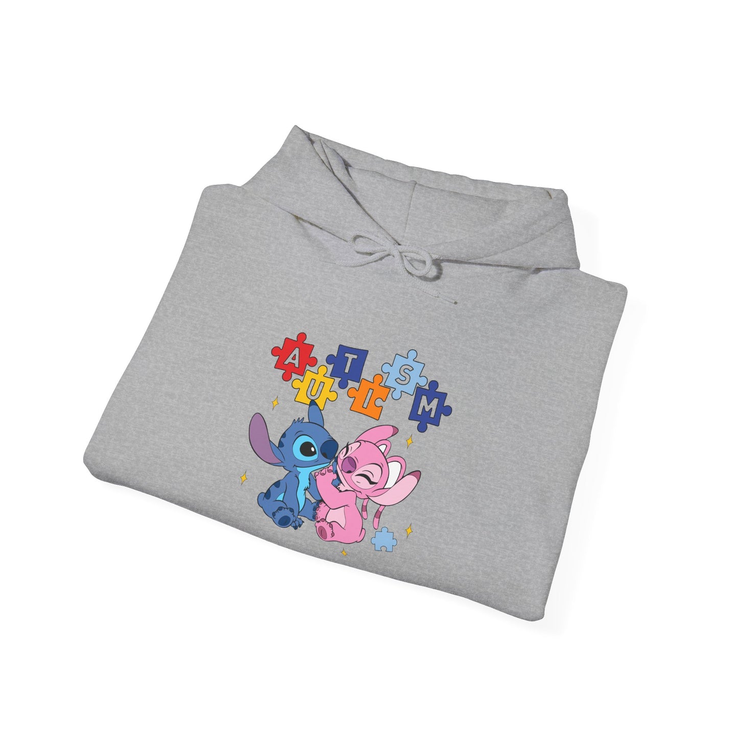 Cute Alien Pals Hoodie — Pink & Blue Cartoon Stitch-Style Characters with Puzzle Heart