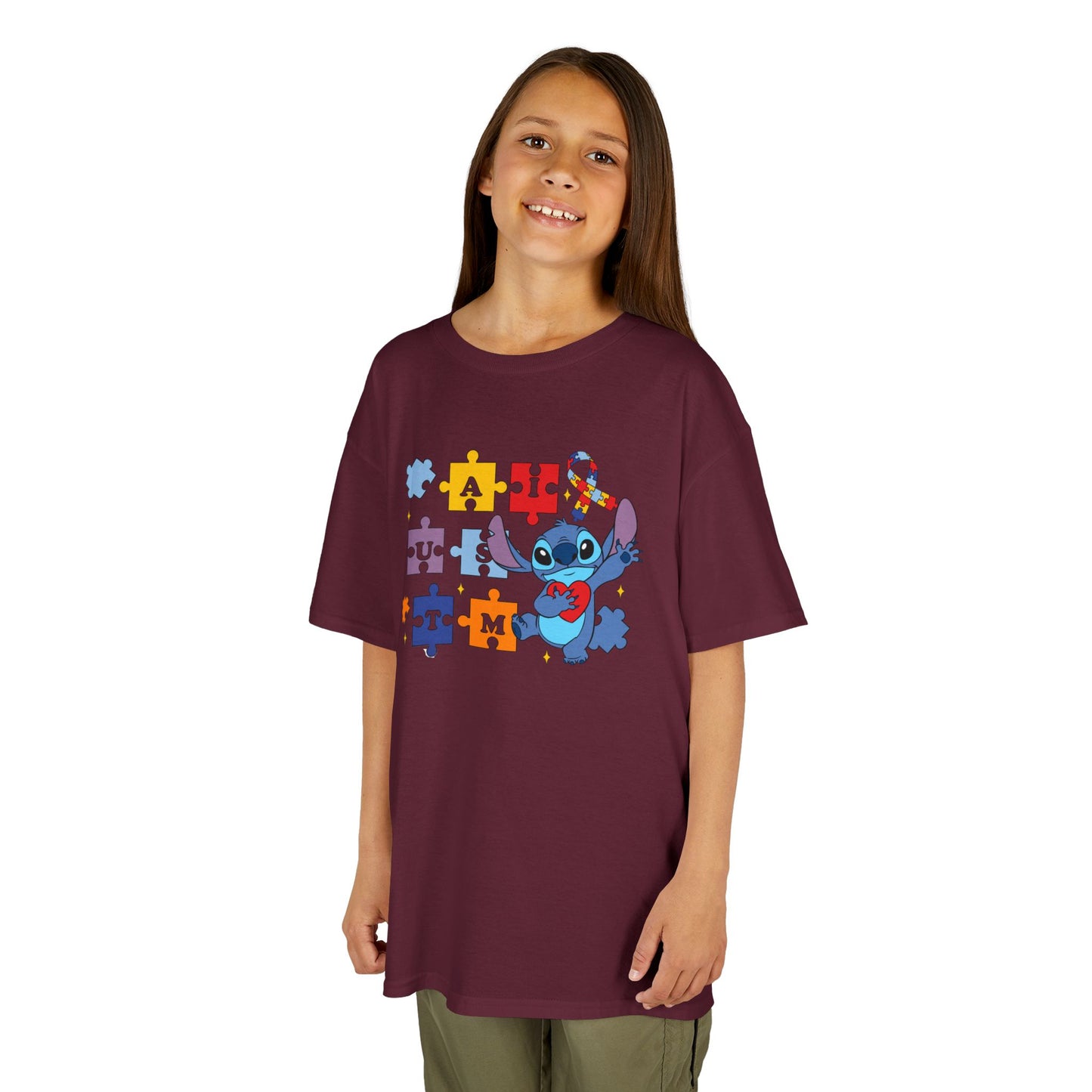 Autism Puzzle Ribbon Kids Tee — Cute Stitch Awareness T-Shirt