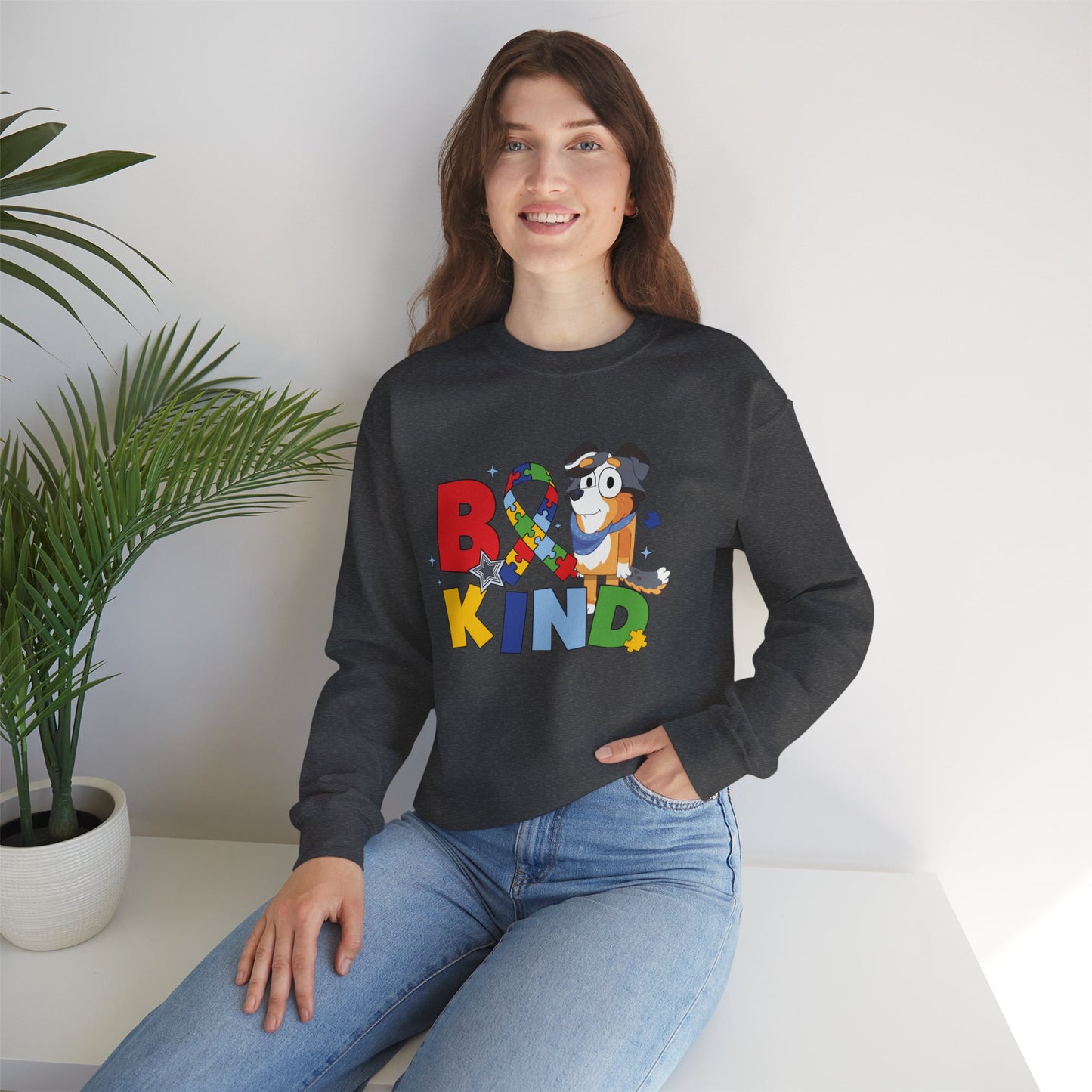 Be Kind Crewneck Sweatshirt — Autism Awareness Puzzle Ribbon Dog Design