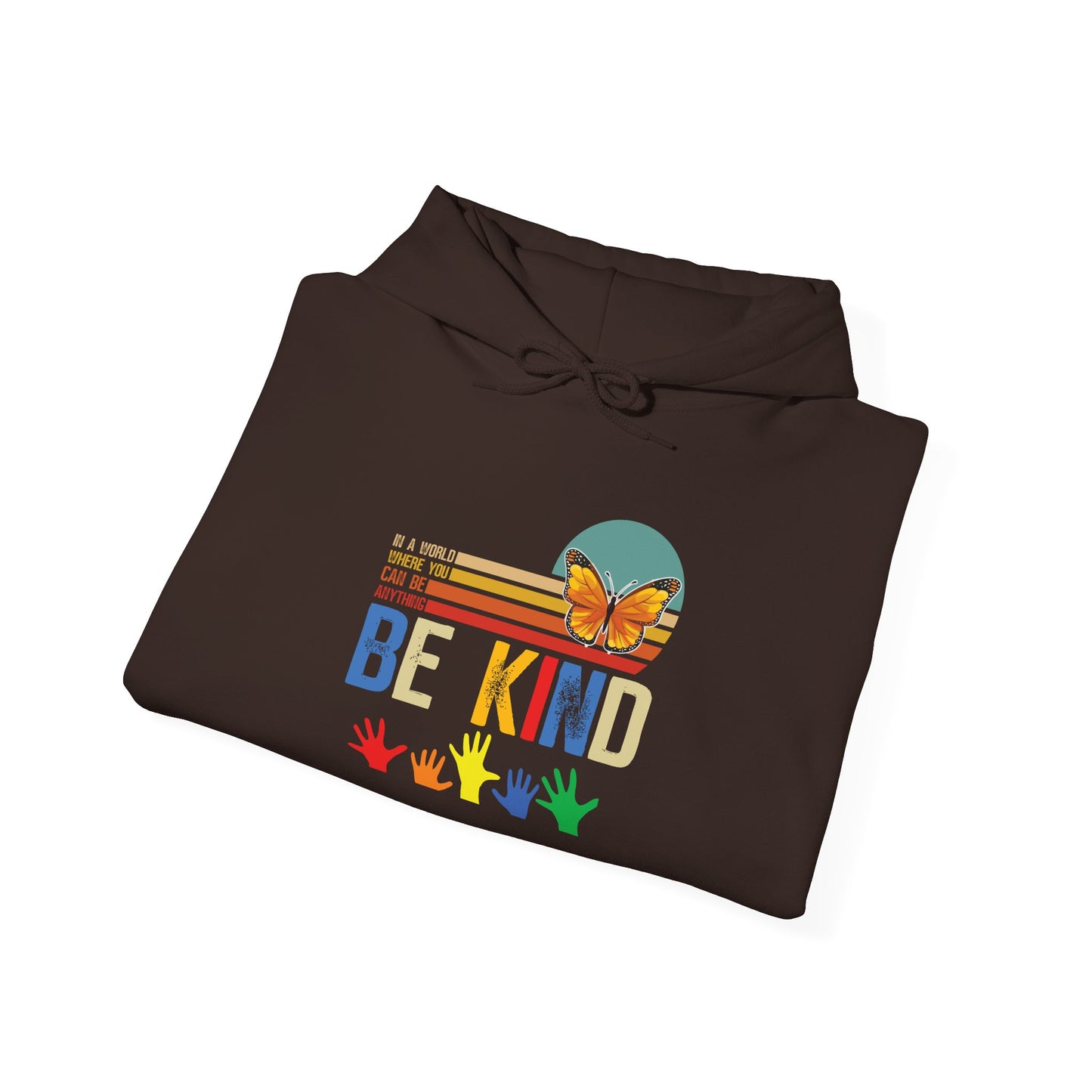Be Kind Rainbow Hoodie — Retro Sunset Hands Kindness Sweatshirt